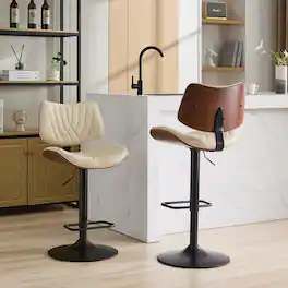 Glintex - Walnut Bentwood Bar Stools , Adjustable Counter Height Black Leather Upholstered 360°Swivel , 1 chair/1carton - Beige