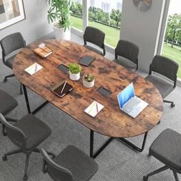 WELLFOR - 95" Oval Conference Table for 8-10 People, Industrial Executive Table with Dual Cable Holes - Rustic Brown
