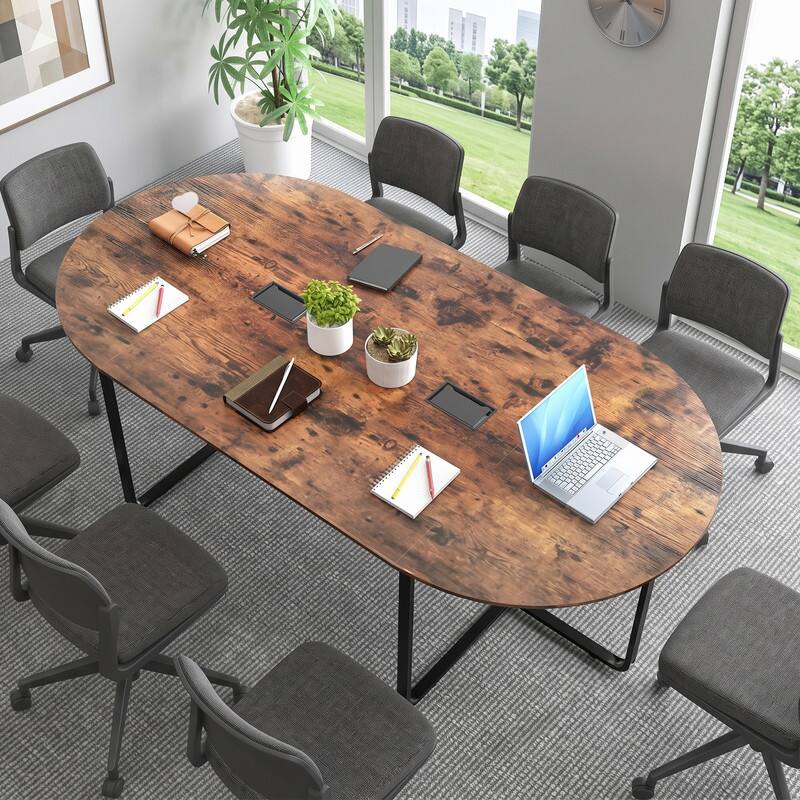 Front. WELLFOR - 95" Oval Conference Table for 8-10 People, Industrial Executive Table with Dual Cable Holes - Rustic Brown.