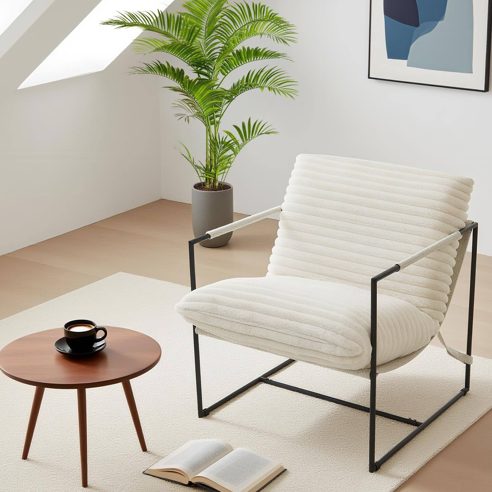 Alt View 2. Babevy - Modern Sling Accent Chair with Metal Frame, Set of 2 Upholstered Oversized Armchair with Shredded Foam Cushion - Corduroy | Beige.