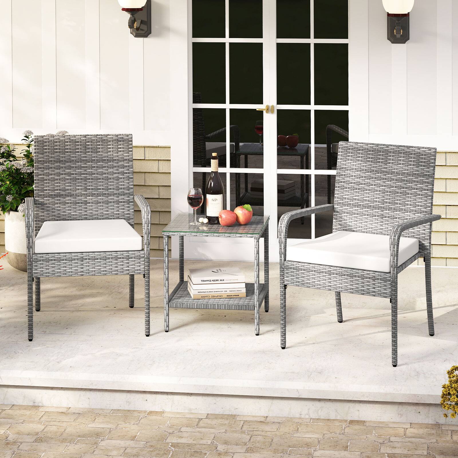 Gymax - 3 Pieces Patio Furniture Set PE Rattan Porch Chairs w/ 2-Tier Table - White