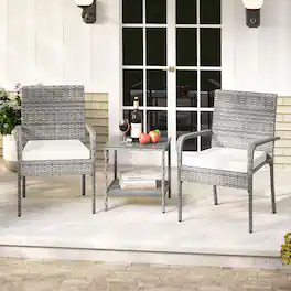 Gymax - 3 Pieces Patio Furniture Set PE Rattan Porch Chairs w/ 2-Tier Table - White