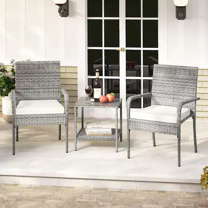 Front. Gymax - Gymax 3 Pieces Patio Furniture Set PE Rattan Porch Chairs w/ 2-Tier Table White - White.
