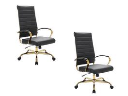 LeisureMod - Set of 2 Benmar High-Back Leather Conference Desk Office Chair with Gold Frame, Adjustable, Swivel and Tilt - Black