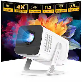 Luckbyte - Smart 1080P Portable Projector - Android 11, WiFi 6, BT 5.4, 180° Rotatable, Auto Keystone & 4K Video Support - White