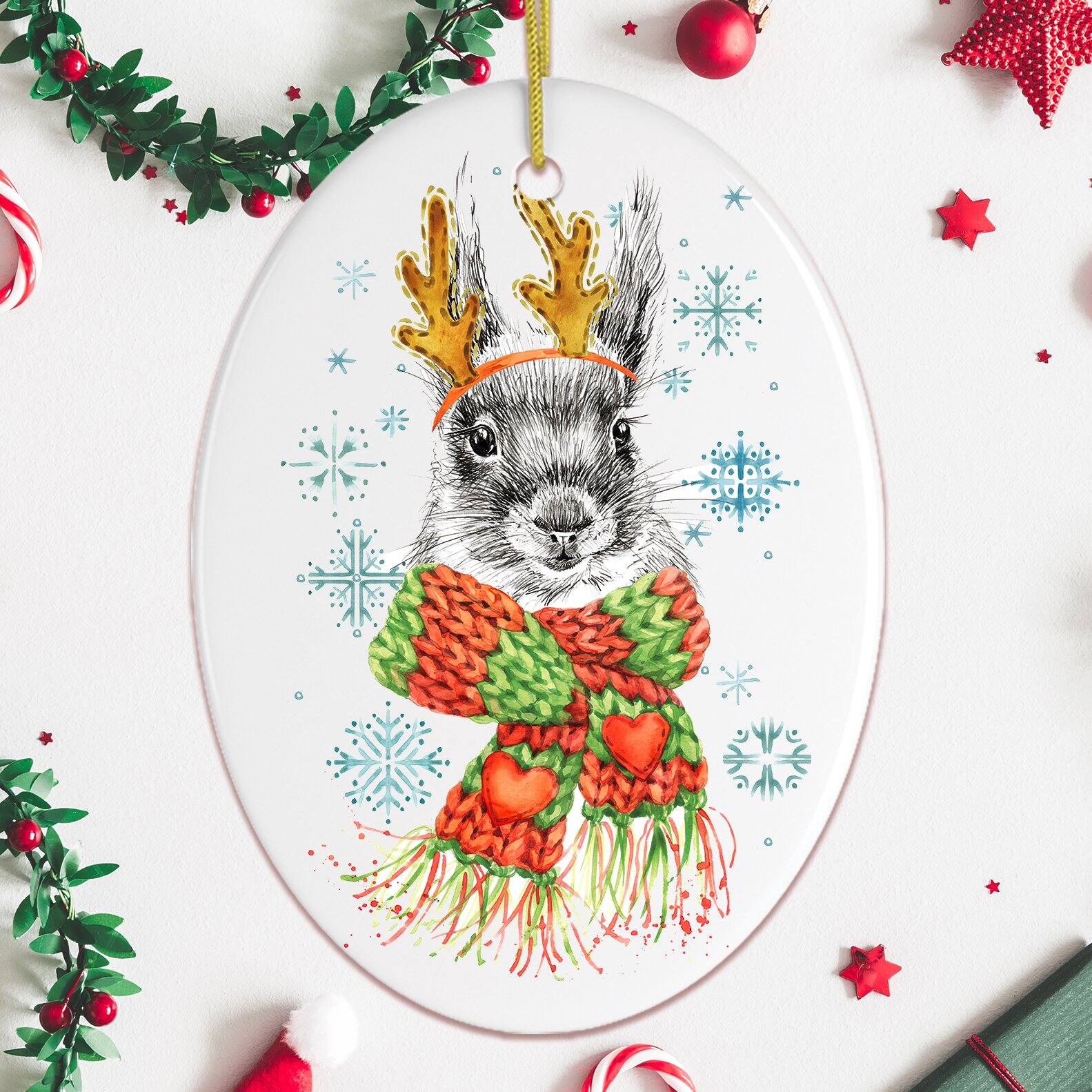 Back. OrnamentallyYou - Watercolor Squirrel Christmas Ornament - Multi-colored.