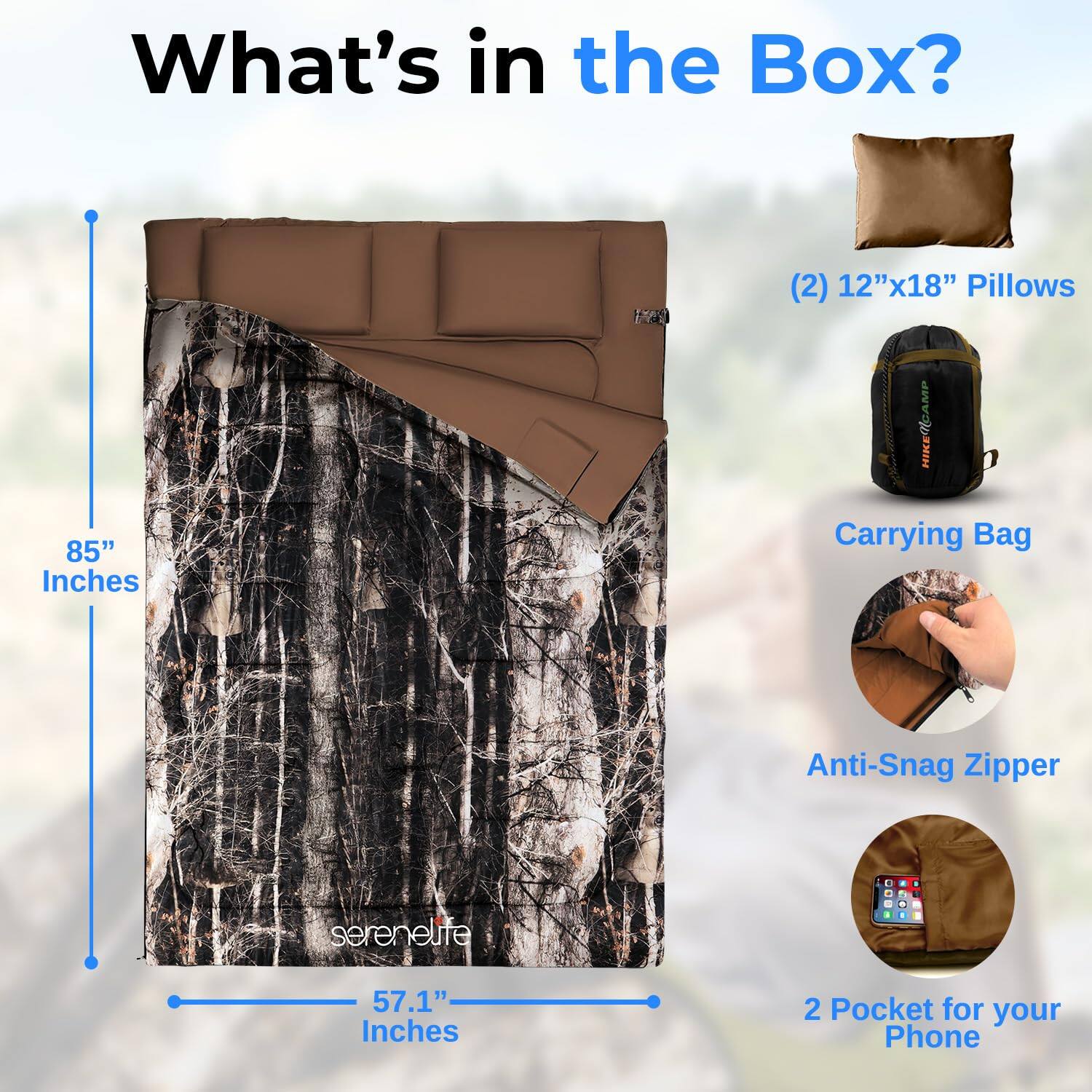 What's in the Box?

- 19 (2) 12"x18" Pillows
- 85" Inches
- HIKEQECAMP Carrying Bag
- Anti-Snag Zipper
- 57.1" Inches
- 2 Pocket for your Phone
