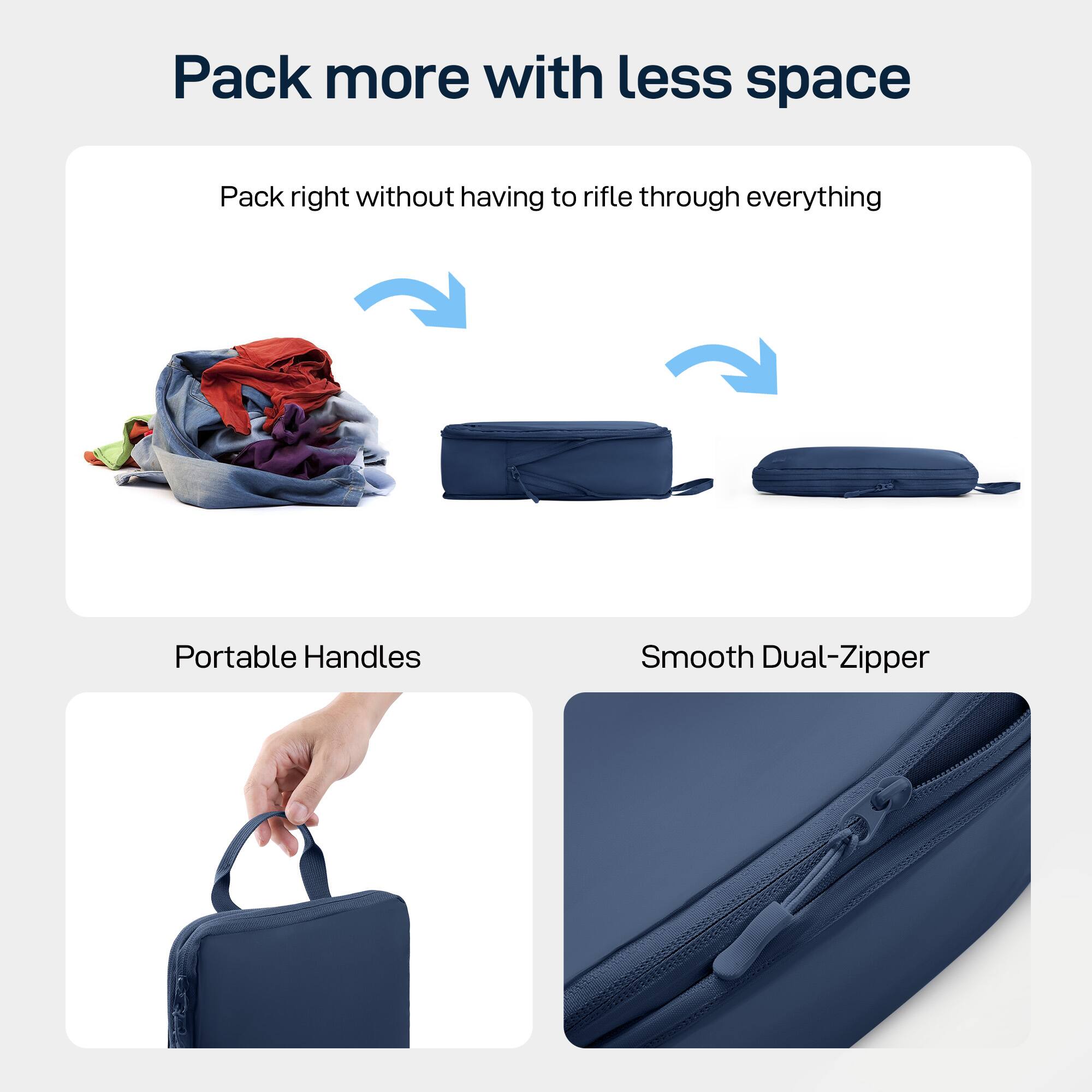 Pack more with less space
Pack right without having to rifle through everything
Portable Handles
Smooth Dual-Zipper