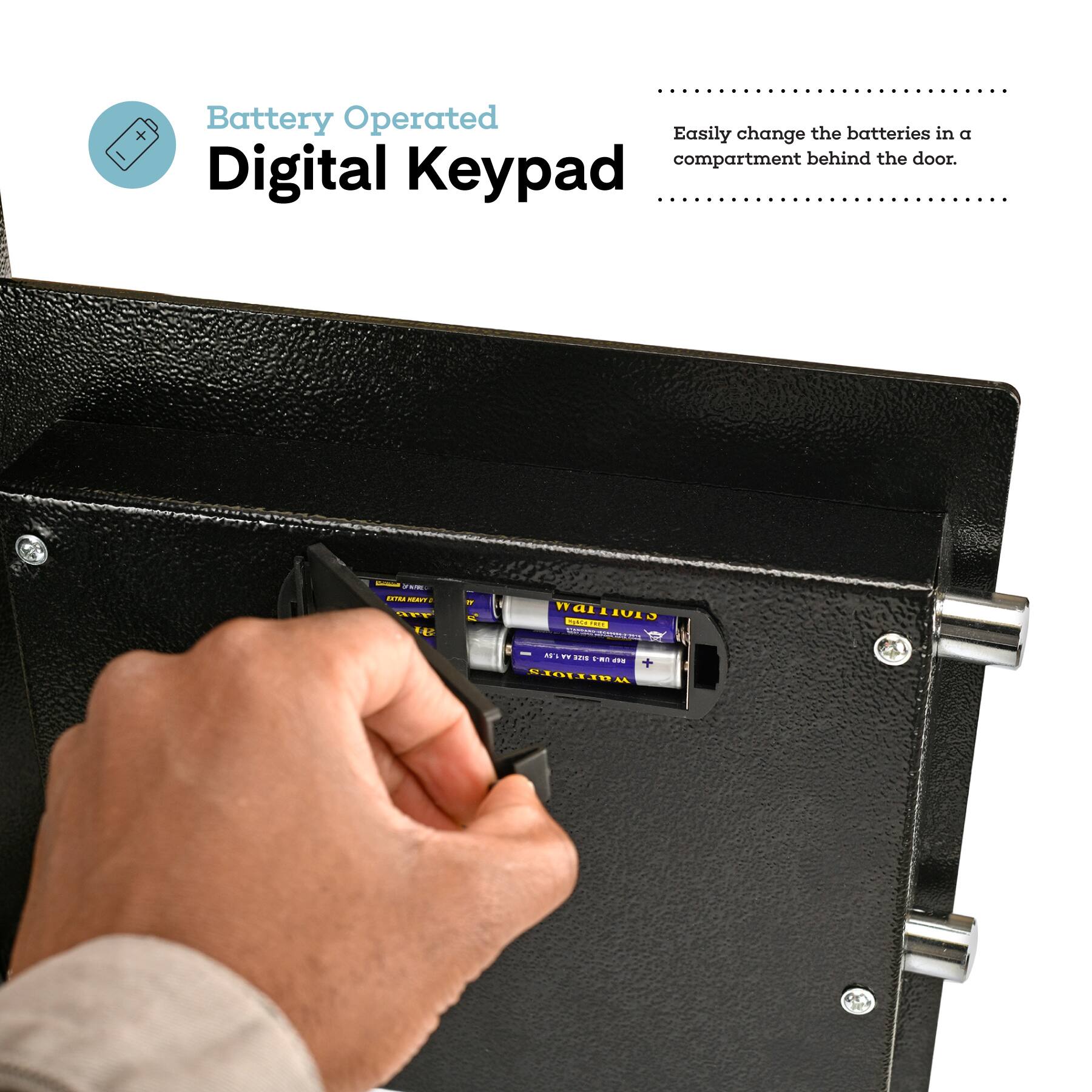 Battery Operated Digital Keypad - Easily change the batteries in a compartment behind the door.