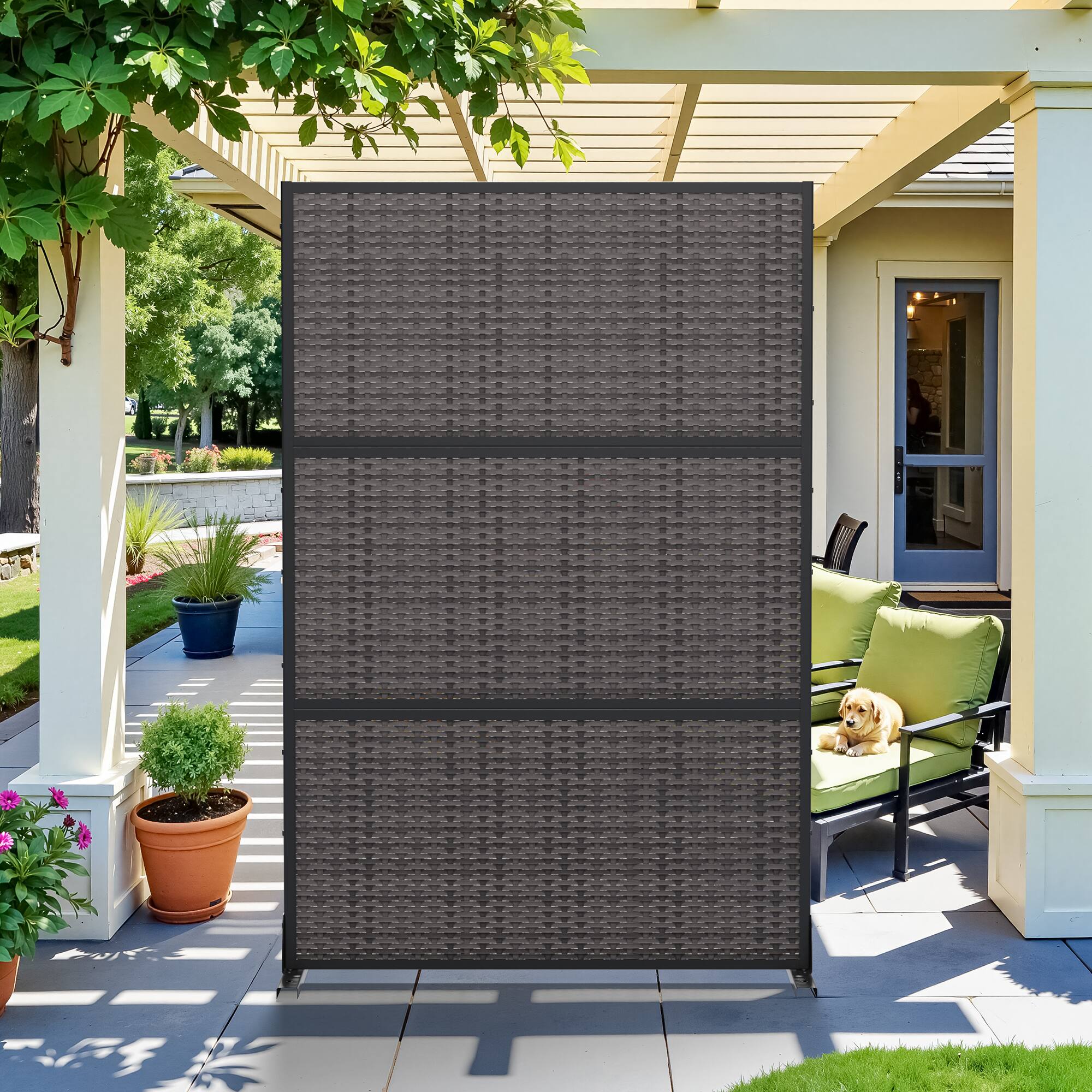 Alt View 3. PexFix - 72 in. x 47 in. Rattan Cross Pattern Metal Outdoor Privacy Screen & Panels, Freestanding Garden Divider Fence - Black.