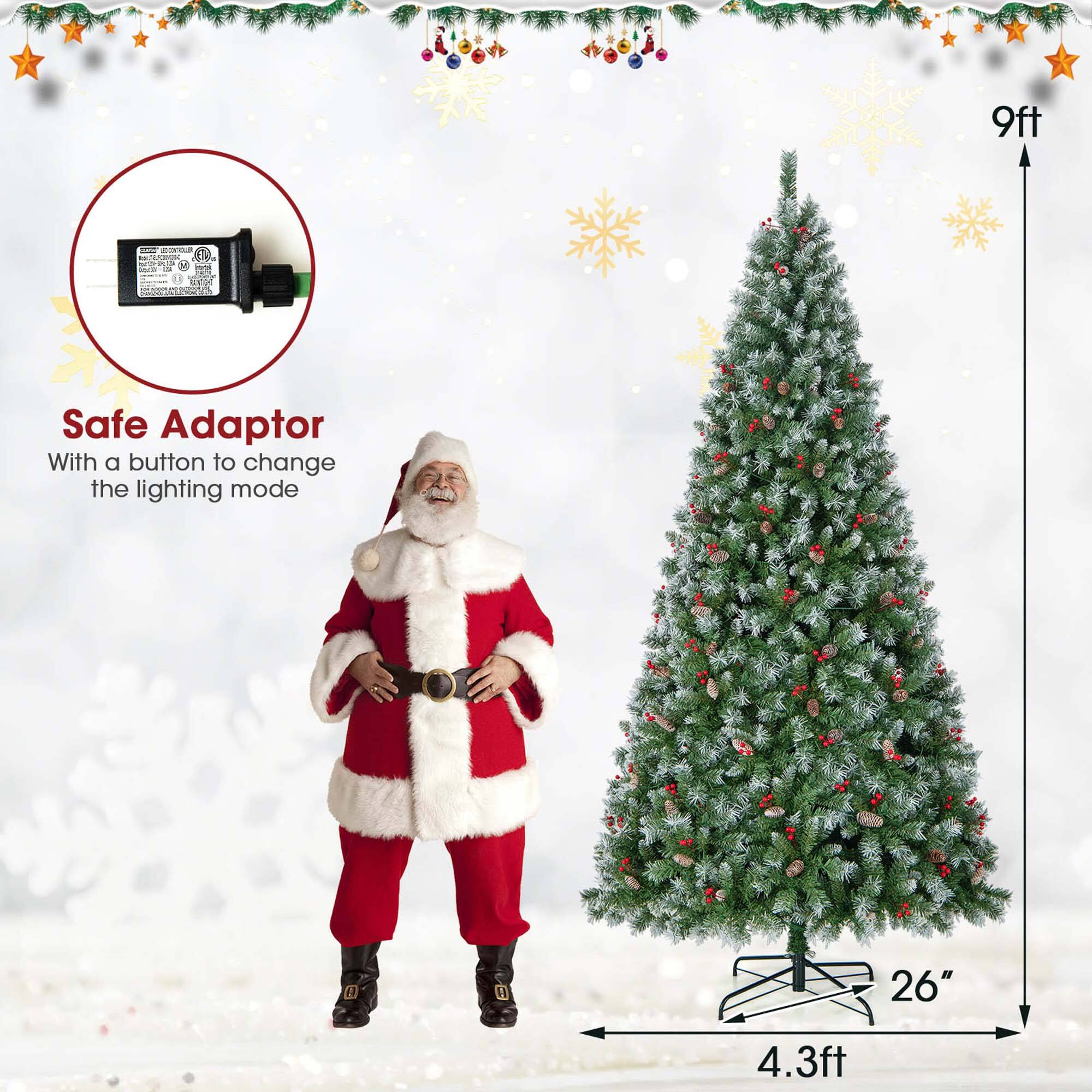The image features a Christmas tree with a Santa Claus figure standing next to it. The tree has a 9-foot height, and the Santa Claus figure is 4.3 feet tall. The tree is decorated with a safe adaptor that has a button to change the lighting mode.