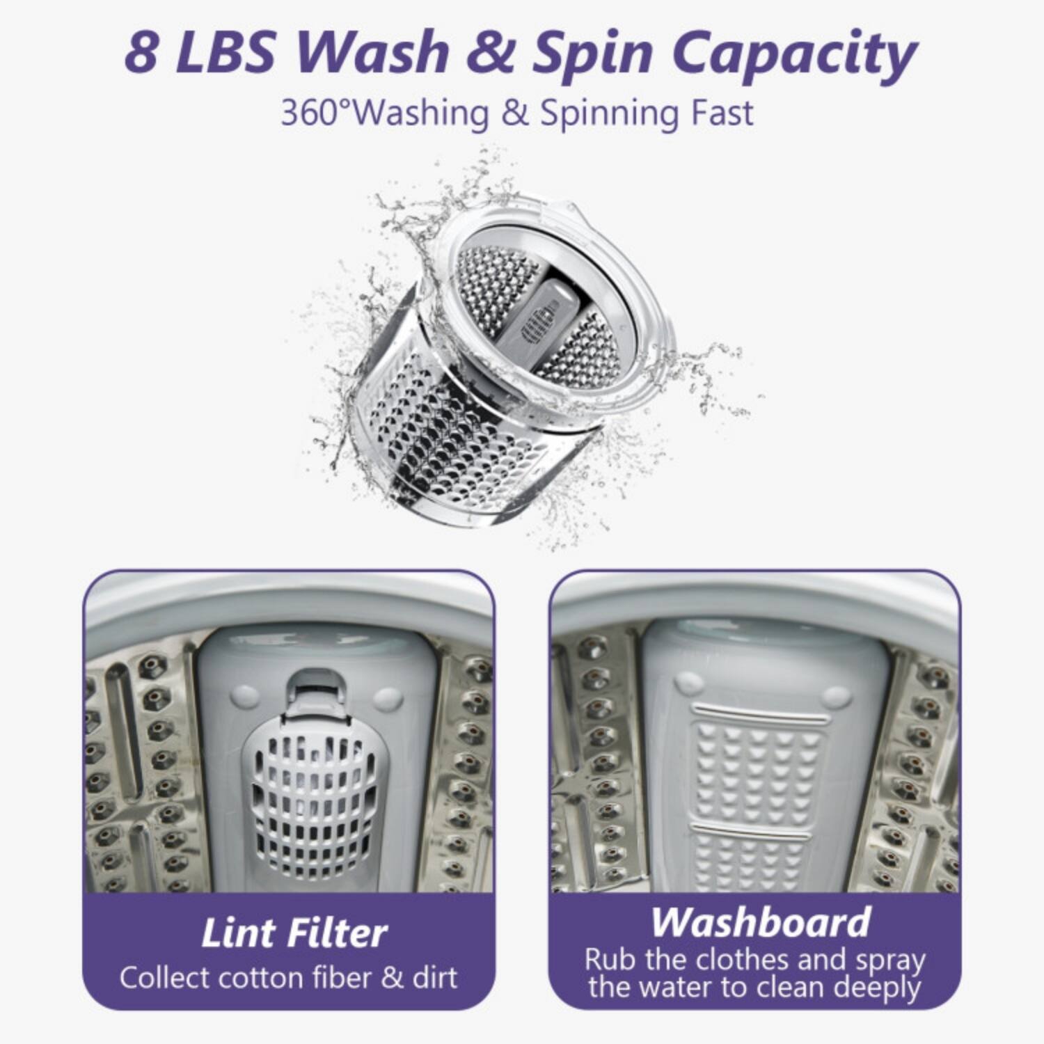 8 LBS Wash & Spin Capacity  
360° Washing & Spinning Fast  

Lint Filter  
Collect cotton fiber & dirt  

Washboard  
Rub the clothes and spray the water to clean deeply