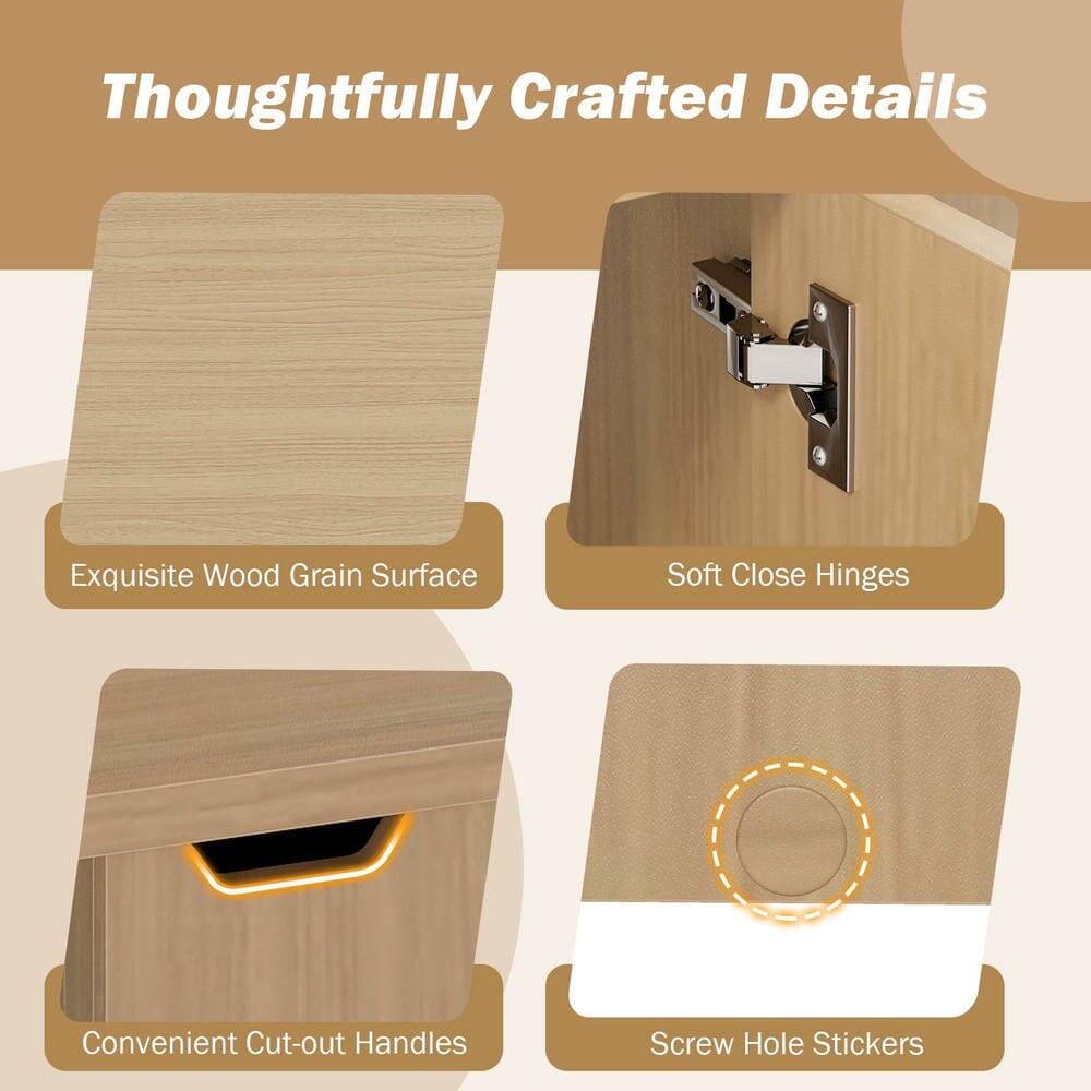 Thoughtfully Crafted Details  
Exquisite Wood Grain Surface  
Soft Close Hinges  
Convenient Cut-out Handles  
Screw Hole Stickers