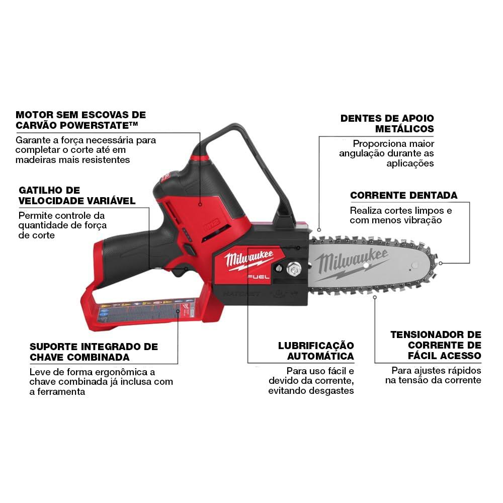 MOTOR SEM ESCOVAS DE CARVÃO POWERSTATE  
Garante a força necessária para completar o corte até em madeiras mais resistentes  

GATILHO DE VELOCIDADE VARIÁVEL  
Permite controle da quantidade de força de corte  

DENTES DE APOIO METÁLICOS  
Proporciona maior angulação durante as aplicações  

CORRENTE DENTADA  
Realiza cortes limpos e com menos vibração  

SUPORTE INTEGRADO DE CHAVE COMBINADA  
Leve de forma ergonômica a chave combinada já inclusa com a ferramenta  

LUBRIFICAÇÃO AUTOMÁTICA  
Para uso fácil e para ajustes rápidos devido à corrente, na tensão da corrente, evitando desgastes  

TENSIONADOR DE CORRENTE DE FÁCIL ACESSO  
Para ajustes rápidos na tensão da corrente