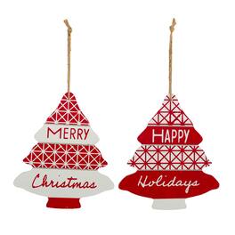 BreeBe - Wood Sentiment Tree Ornament (Set of 12) - Red, White
