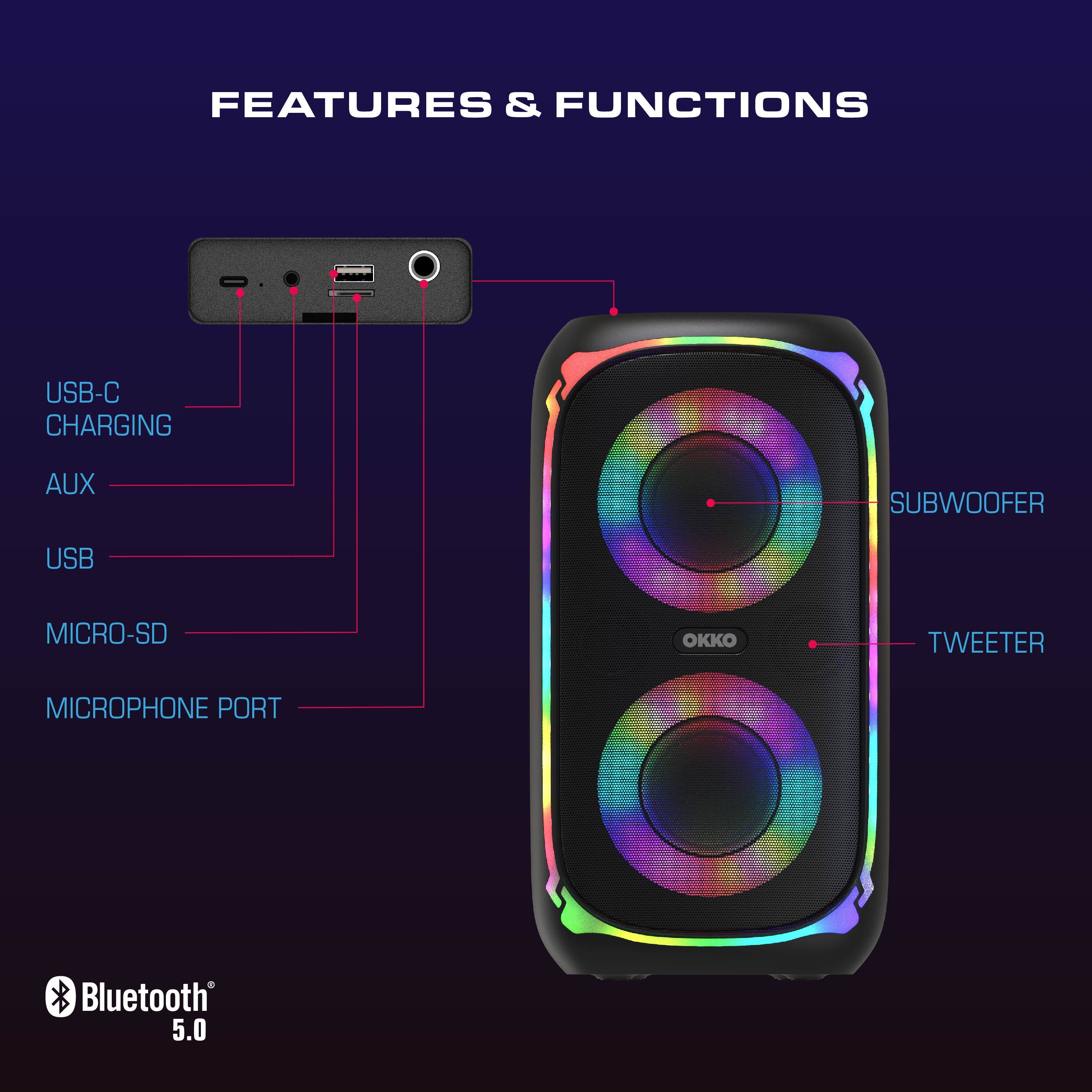 FEATURES & FUNCTIONS

- USB-C CHARGING
- AUX
- USB
- MICRO-SD
- MICROPHONE PORT
- SUBWOOFER
- TWEETER

Bluetooth 5.0