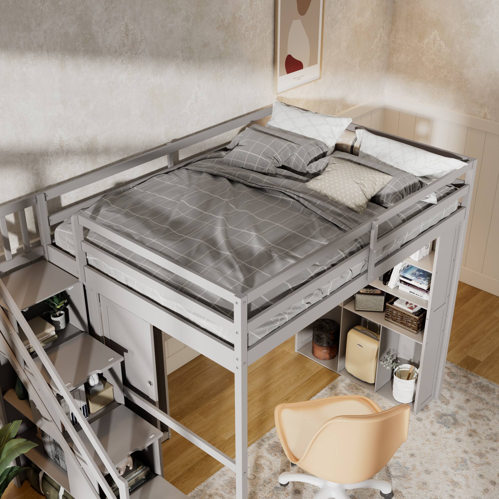 Left. Anysun - Full Loft Bed Frame with Built-In Wardrobe, Study Desk, Storage Shelves & Lights, Space-Saving Design for Bedroom - Gray.