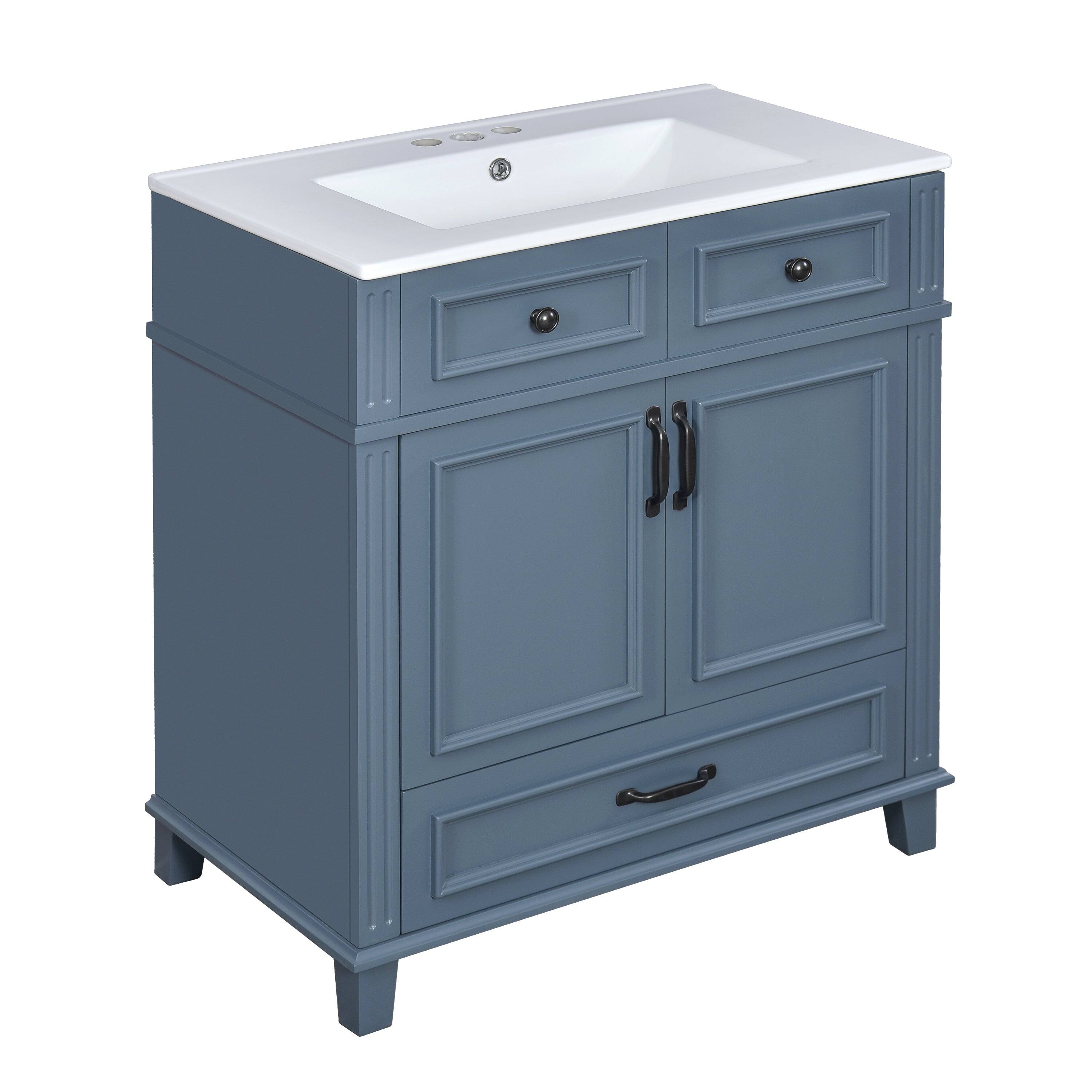 Alt View 9. Boyel Living - 30 Inch Retro Bathroom Vanity Blue with Ceramic Sink Solid Wood Frame 2 Door 1 Drawer - Blue.