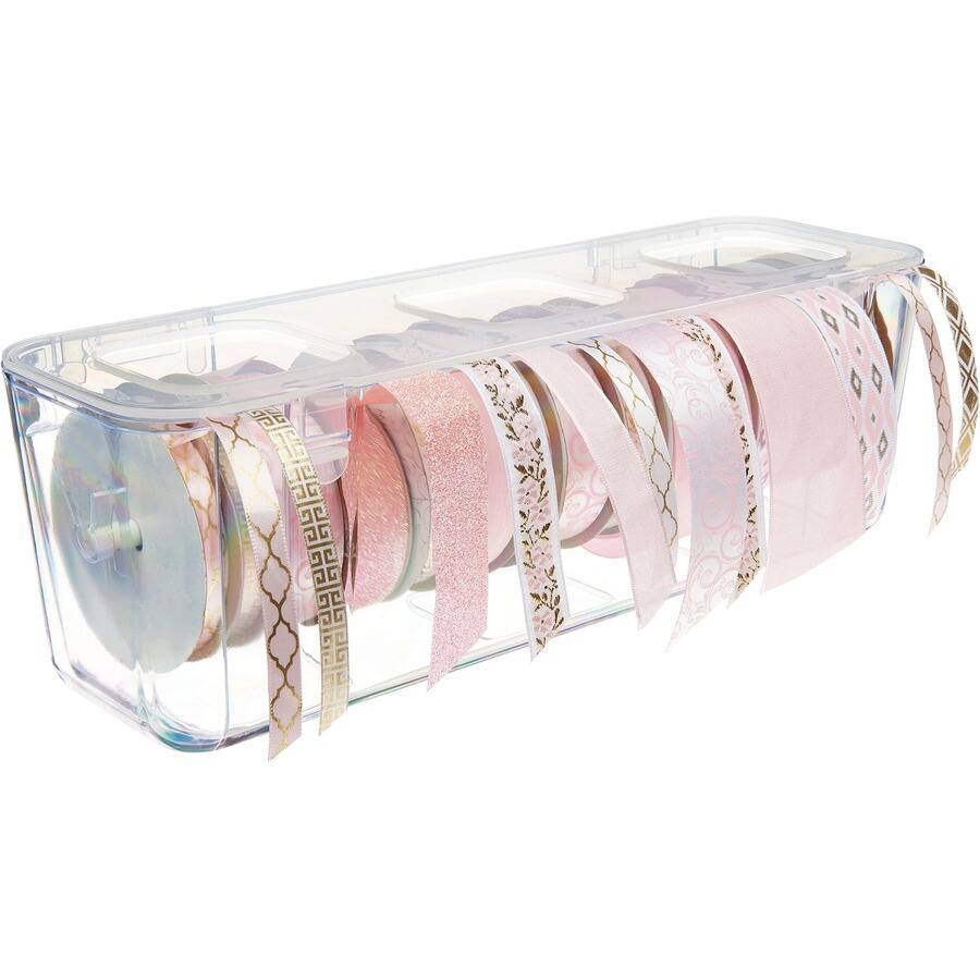 Left. Deflecto - Deflecto Ribbon Dispenser 4.40" x 13.30" x 4.20" Desktop Lid Portable Stackable Wall Mountable Clear  Polypropylene - Clear.