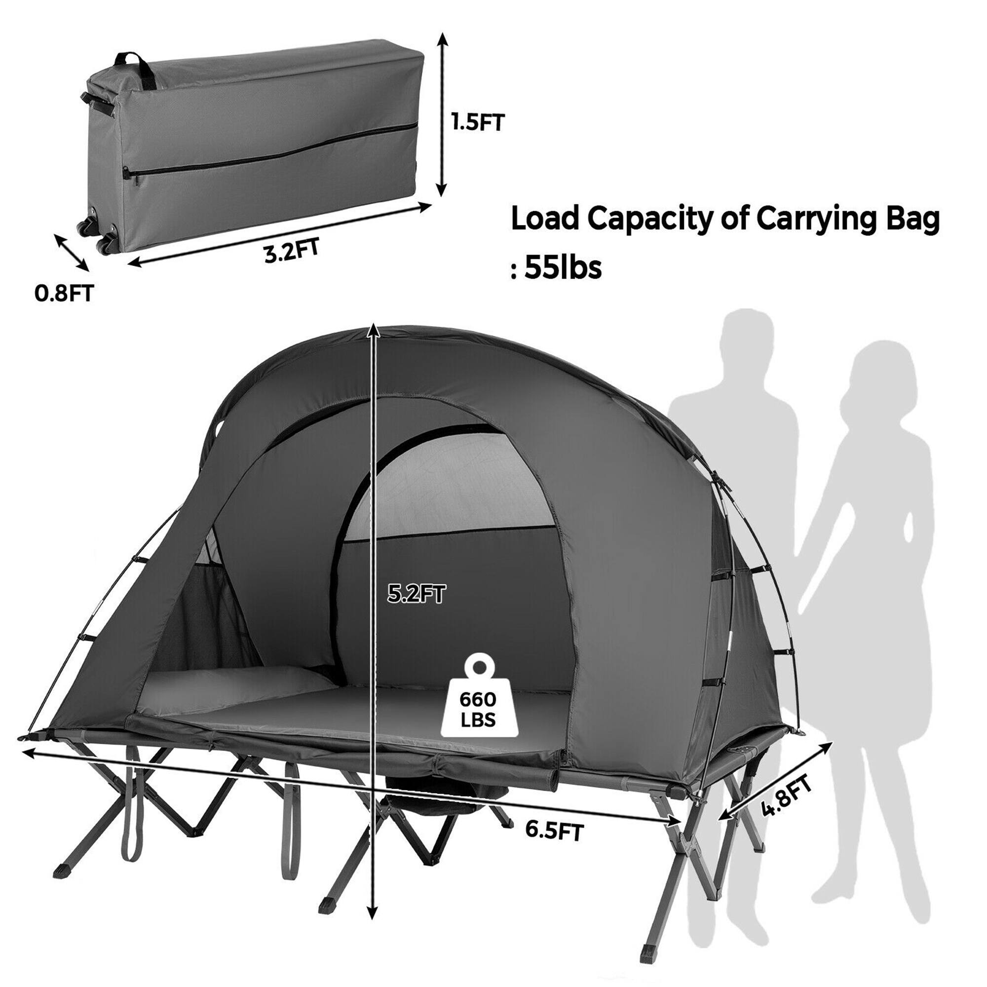 The image shows a tent with a carrying bag and a person standing next to it. The tent is described as having a load capacity of 55 lbs. The carrying bag is shown in two different sizes, one being larger than the other. The larger carrying bag is described as having a load capacity of 660 lbs, while the smaller carrying bag is shown to have a load capacity of 4.8 lbs. The person standing next to the tent is not described in terms of their load capacity.