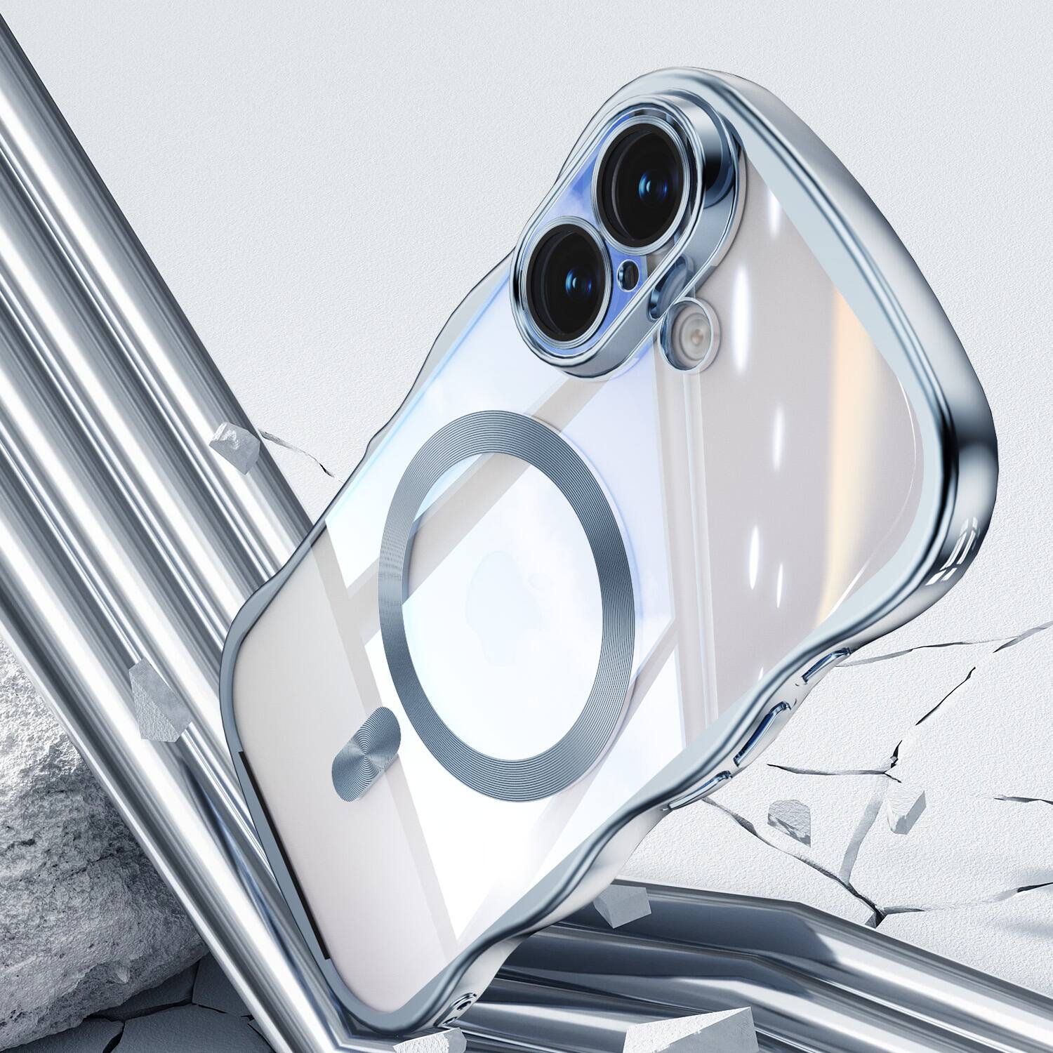 Back. Dteck - Magnetic Case For iPhone 17 With Built-in Lens Protector Shockproof Plating Curly Wavy Frame Clear Back Cover - Blue.