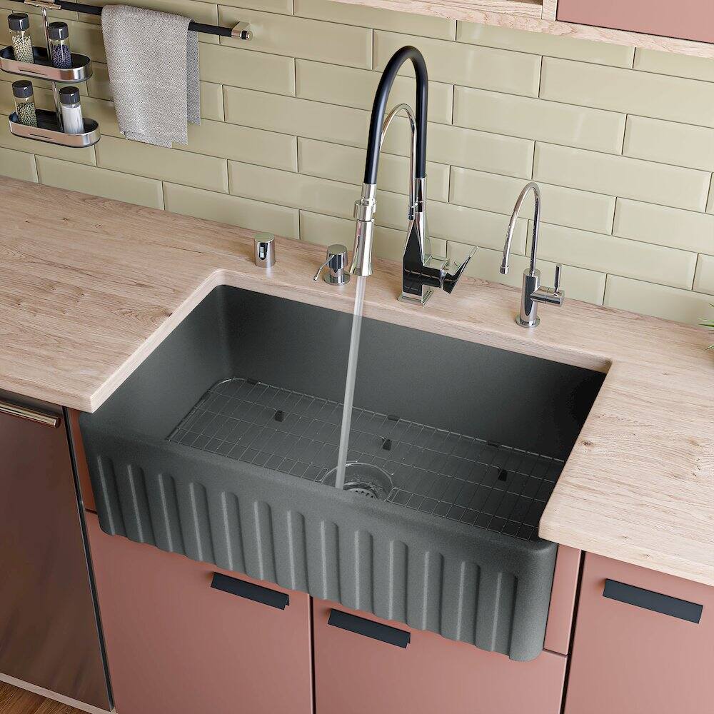 Angle. Alfi - Concrete Color 33 inch Reversible Single Fireclay Farmhouse Kitchen Sink - Concrete.