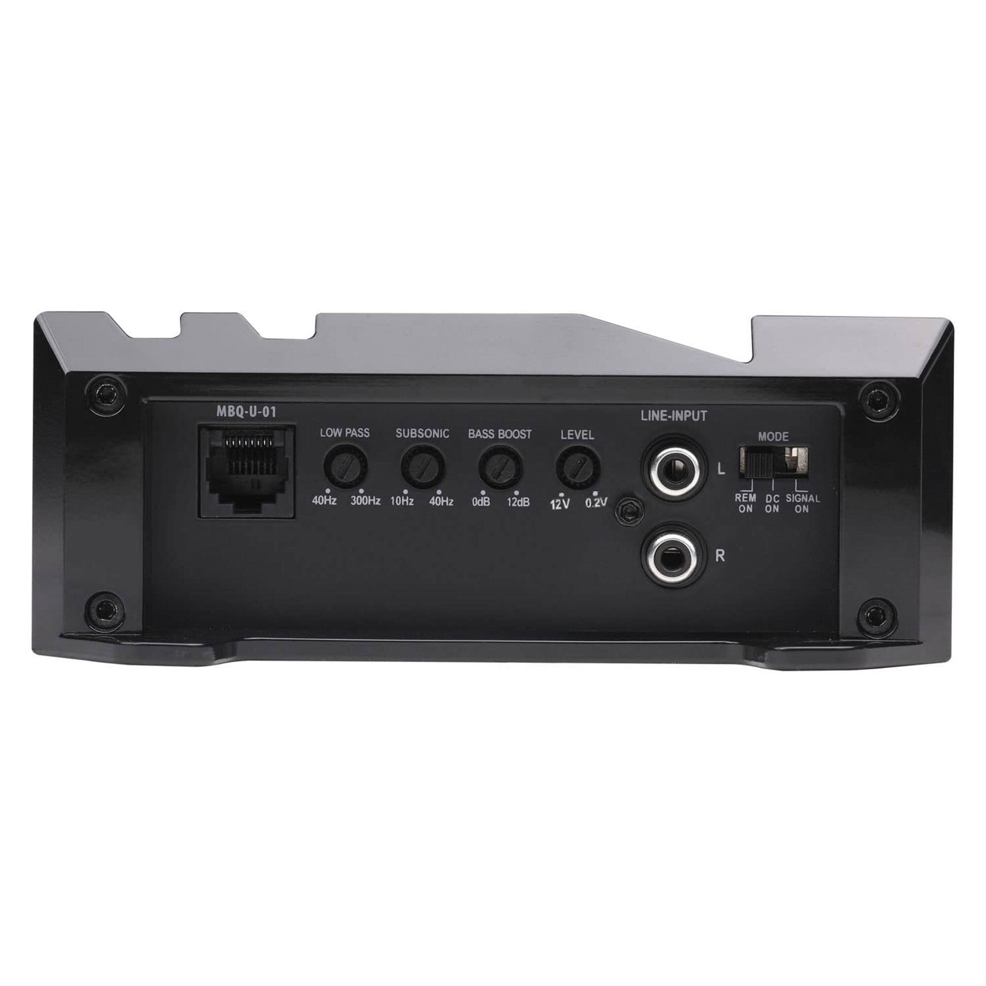 MBQ-U-01

LOW PASS SUBSONIC BASS BOOST LEVEL LINE-INPUT MODE

40Hz 300Hz 10Hz 40Hz 0dB 12dB 12V 0.2V

REM DC SIGNAL ON ON ON

L R