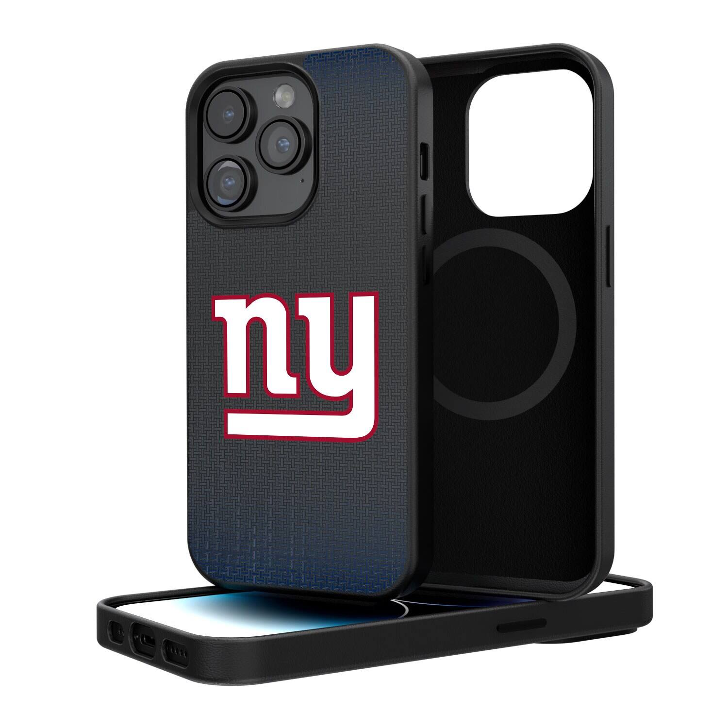 Front. Keyscaper - New York Giants Linen Logo iPhone Magnetic Bump Case - 15 Pro Max - Black.