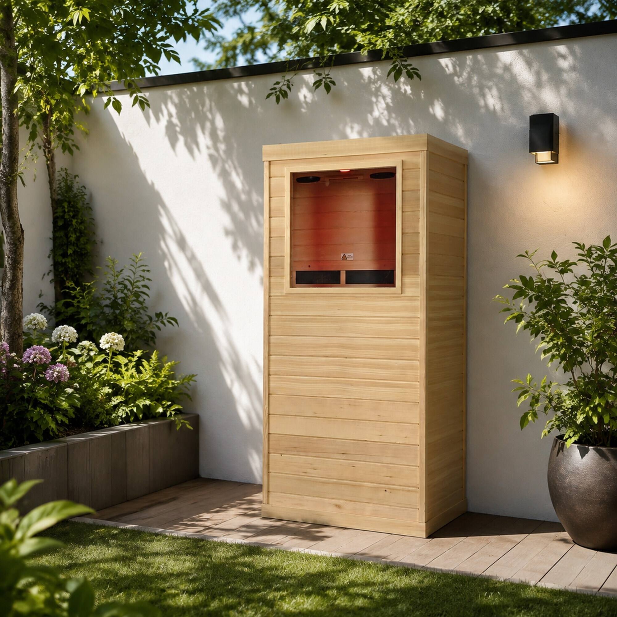 Alt View 2. RYHNUYNE - One Person Far Infrared Sauna, Canadian Hemlock Wood, Left-Hinged Door, Indoor Home Spa, 6 Heating Panels, Bluetooth - Natural Wood.