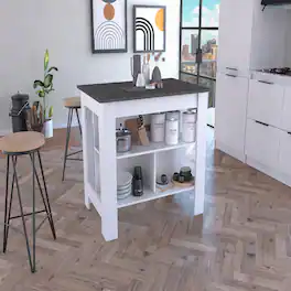 Loheer - Modern Stationary Kitchen Island White and Onyx Finish - Multicolor
