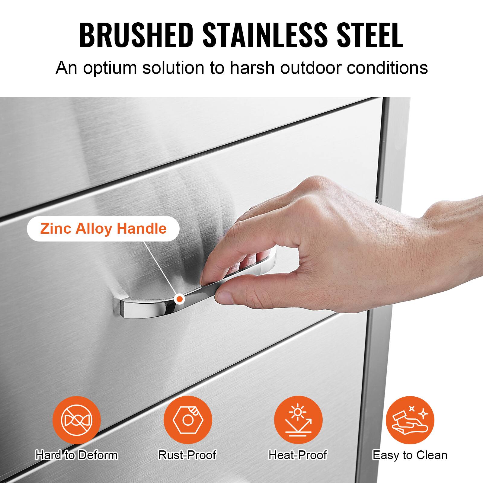 BRUSHED STAINLESS STEEL  
An optimum solution to harsh outdoor conditions  

Zinc Alloy Handle  

- Hard to Deform  
- Rust-Proof  
- Heat-Proof  
- Easy to Clean
