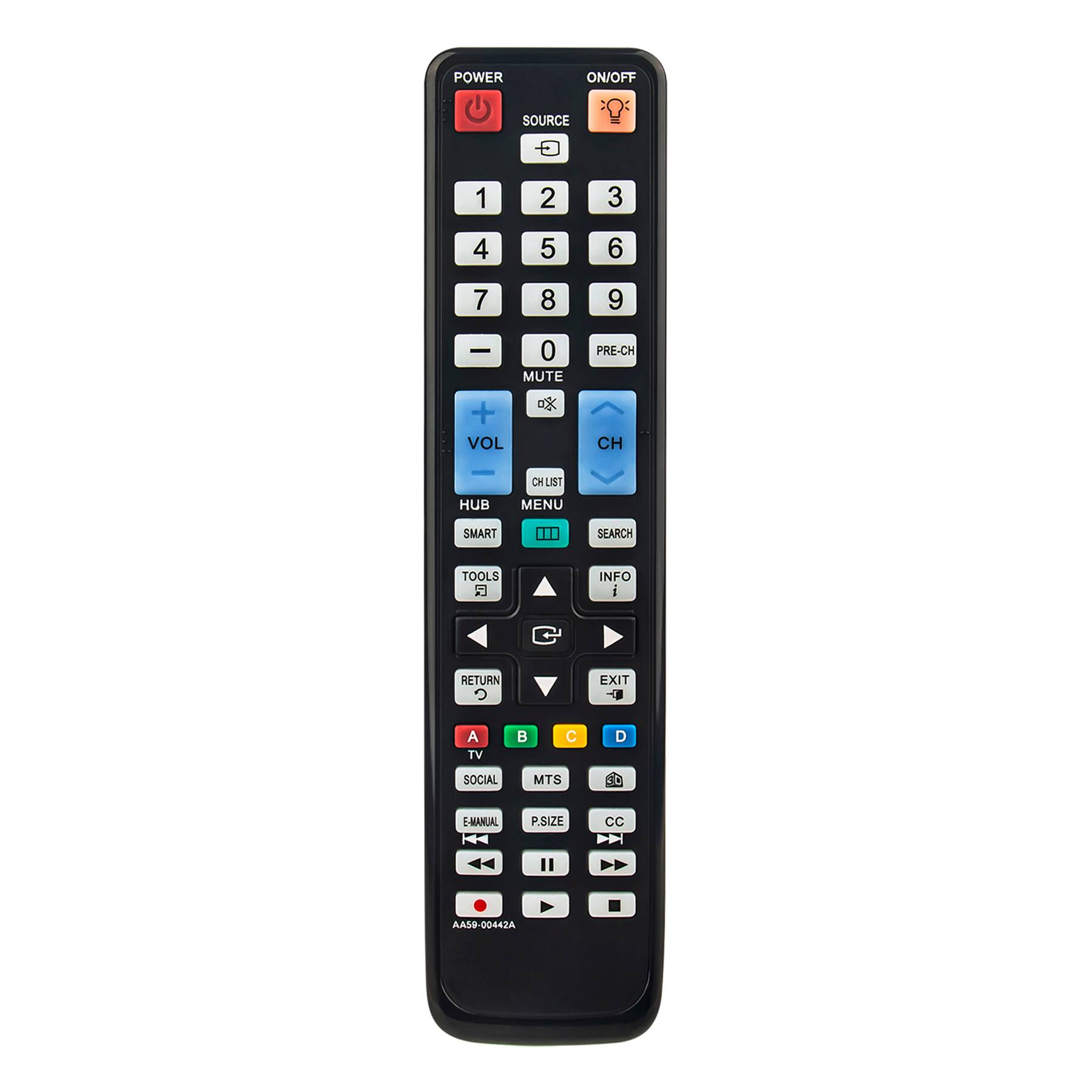 POWER ON/OFF SOURCE : 1 2 3 4 5 6 7 8 9 0 MUTE PRE-CH + VOL - CH CHLIST HUB MENU SMART TOOLS INFO RETURN EXIT A TV SOCIAL MTS E-MANUAL P.SIZE CC " AA59-00442A