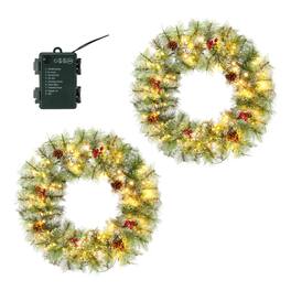 Winado - 2 PCS 24in Snow Flocked Christmas Wreath with LED Lights for Holiday Decoration - Green