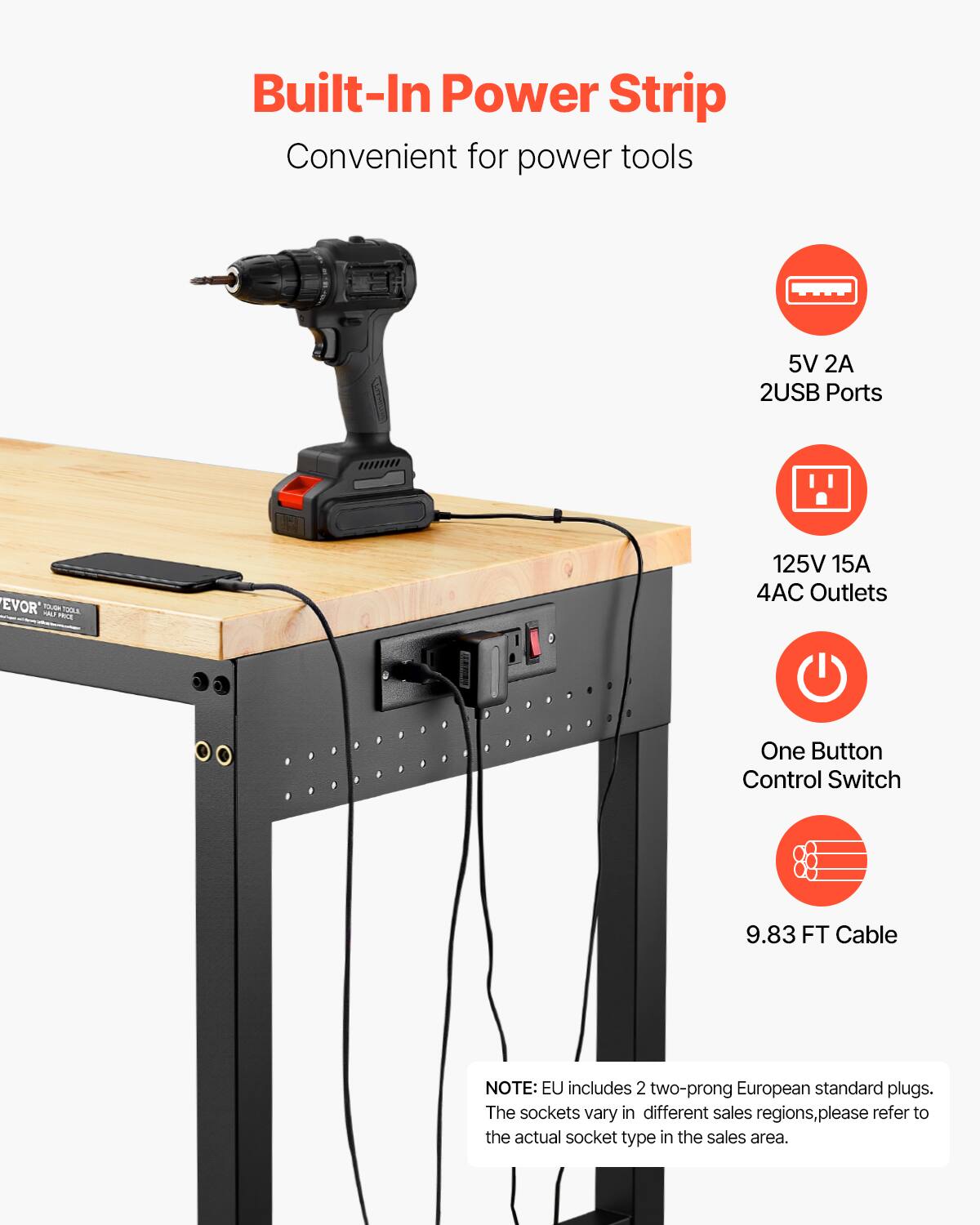 Built-In Power Strip  
Convenient for power tools  

- 5V 2A  
- 2USB Ports  
- 125V 15A  
- 4AC Outlets  
- One Button Control Switch  
- 9.83 FT Cable  

NOTE: EU includes 2 two-prong European standard plugs. The sockets vary in different sales regions, please refer to the actual socket type in the sales area.