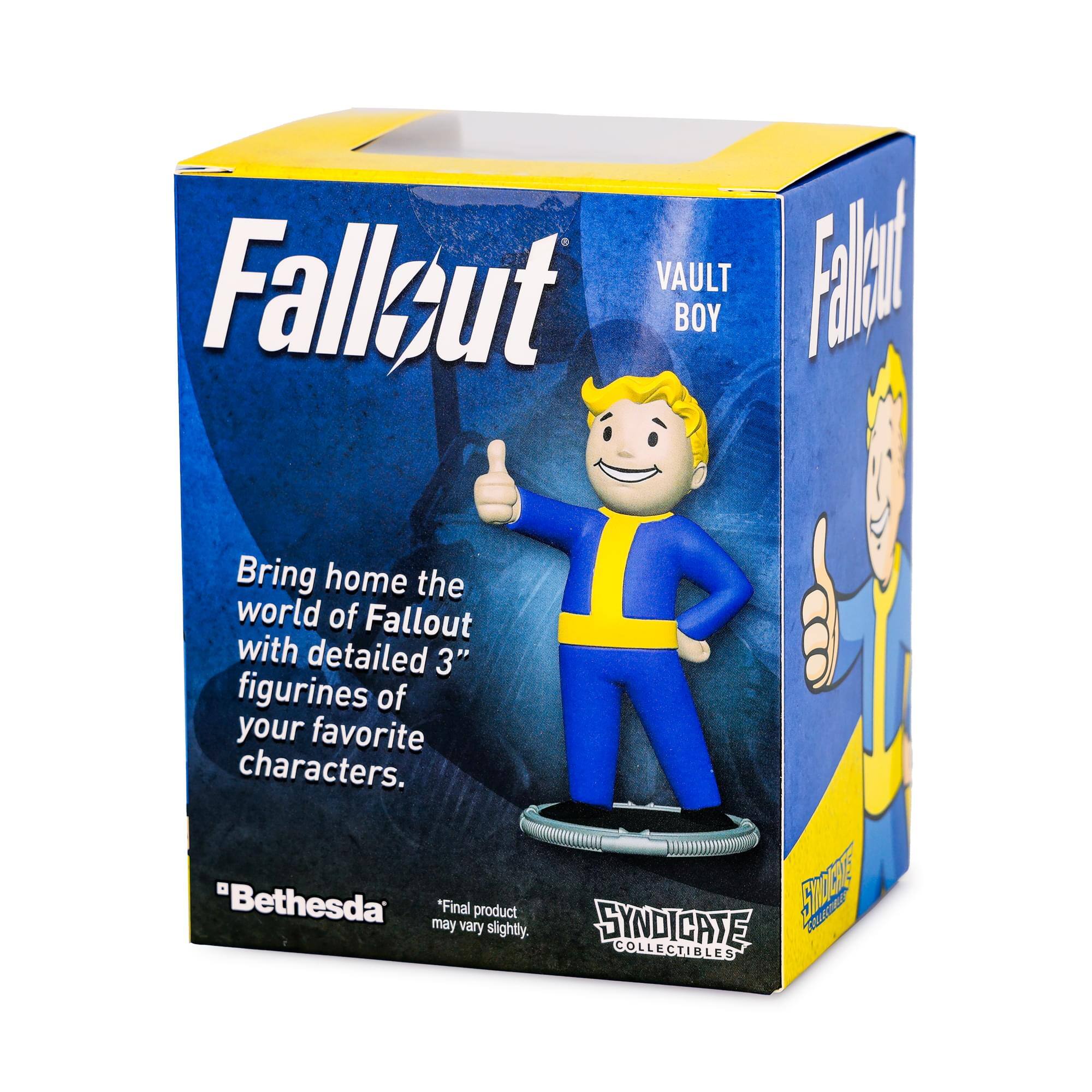 Fallout VAULT BOY  
Fabi  
Bring home the world of Fallout with detailed 3" figurines of your favorite characters.  
SMCC E  
"Bethesda"  
*Final product may vary slightly.  
COLLECTIBLES  
SYNDICATE COLLECTIBLES