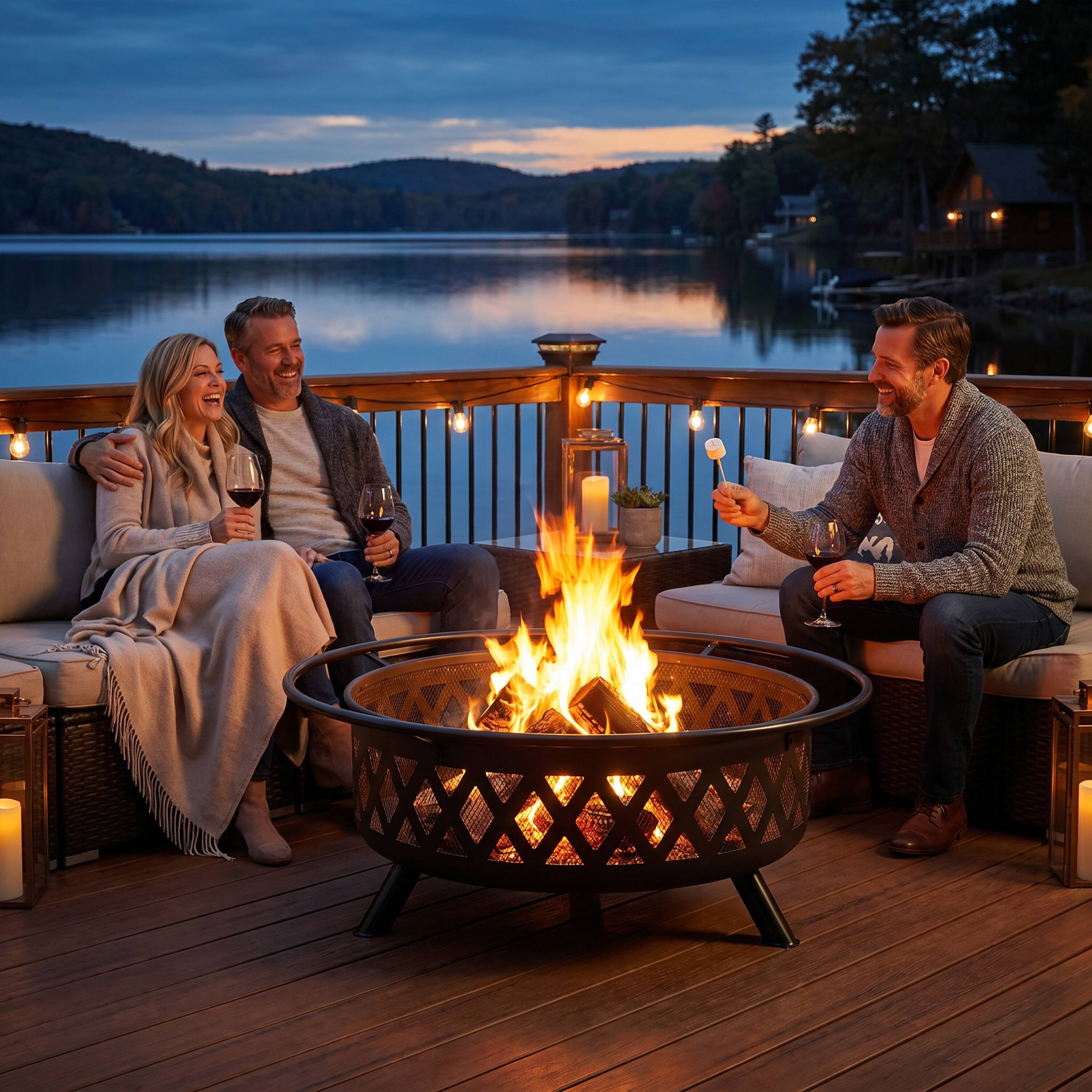 Alt View 10. Sunnydaze - 42 in Crossweave Steel Fire Pit with Screen, Poker, and Cover - Black.