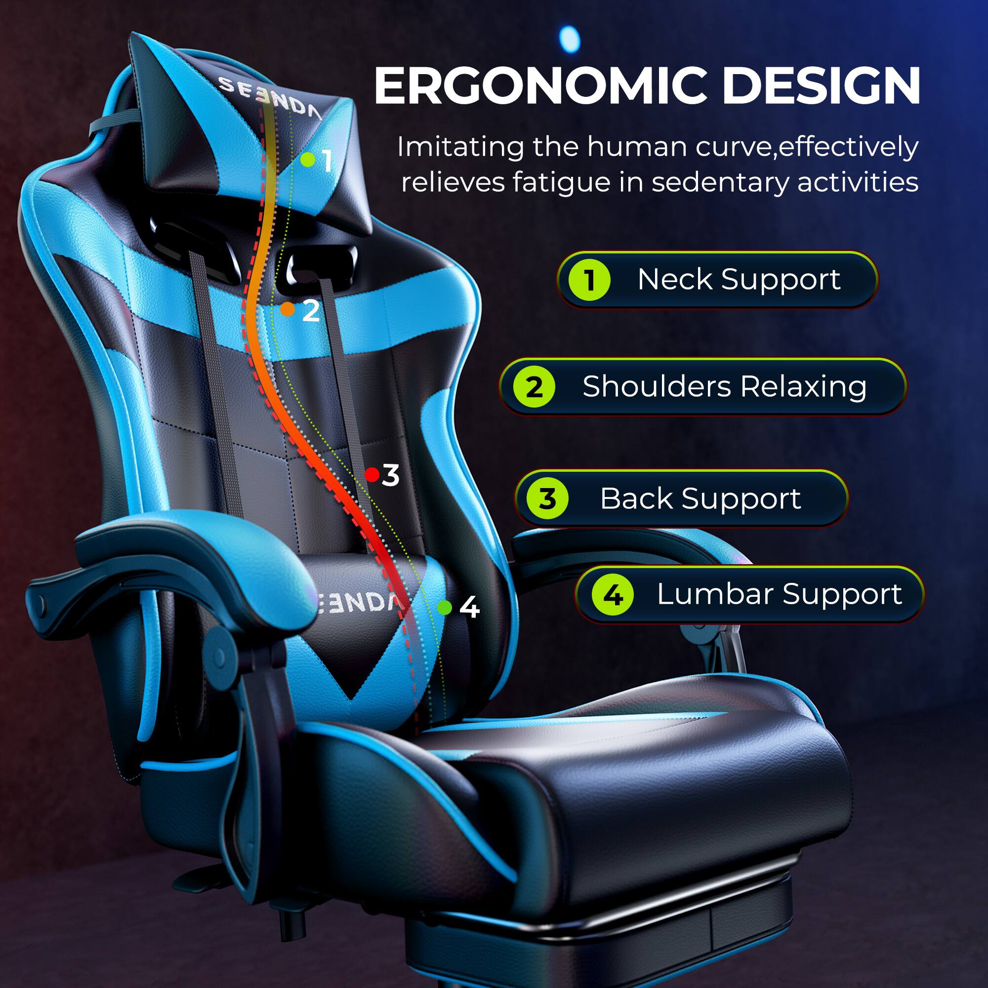 SEENDA ERGONOMIC DESIGN  
Imitating the human curve, effectively relieves fatigue in sedentary activities

1. Neck Support
2. Shoulders Relaxing
3. Back Support
4. Lumbar Support
