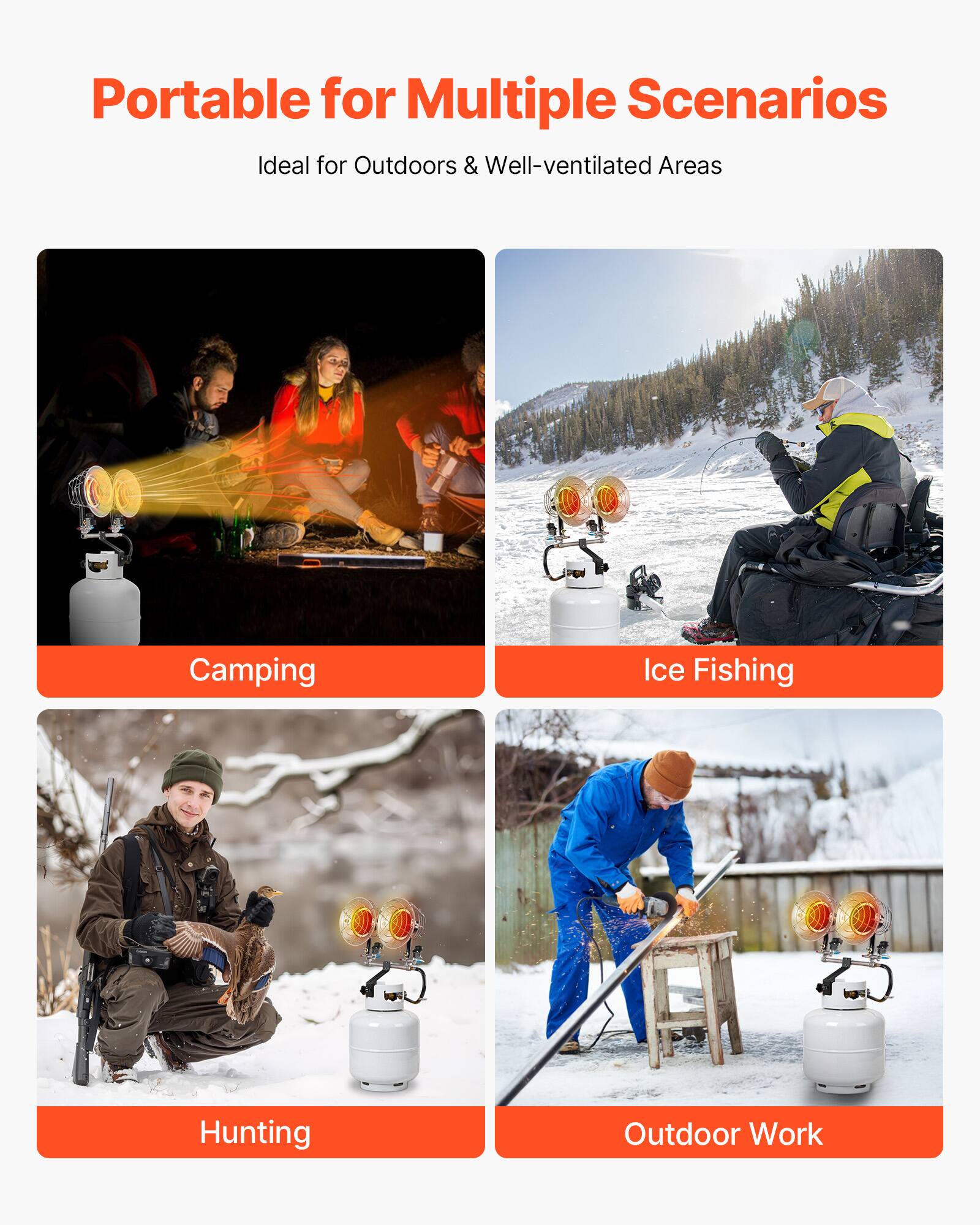 Portable for Multiple Scenarios  
Ideal for Outdoors & Well-ventilated Areas  

Camping  
Ice Fishing  
Hunting  
Outdoor Work
