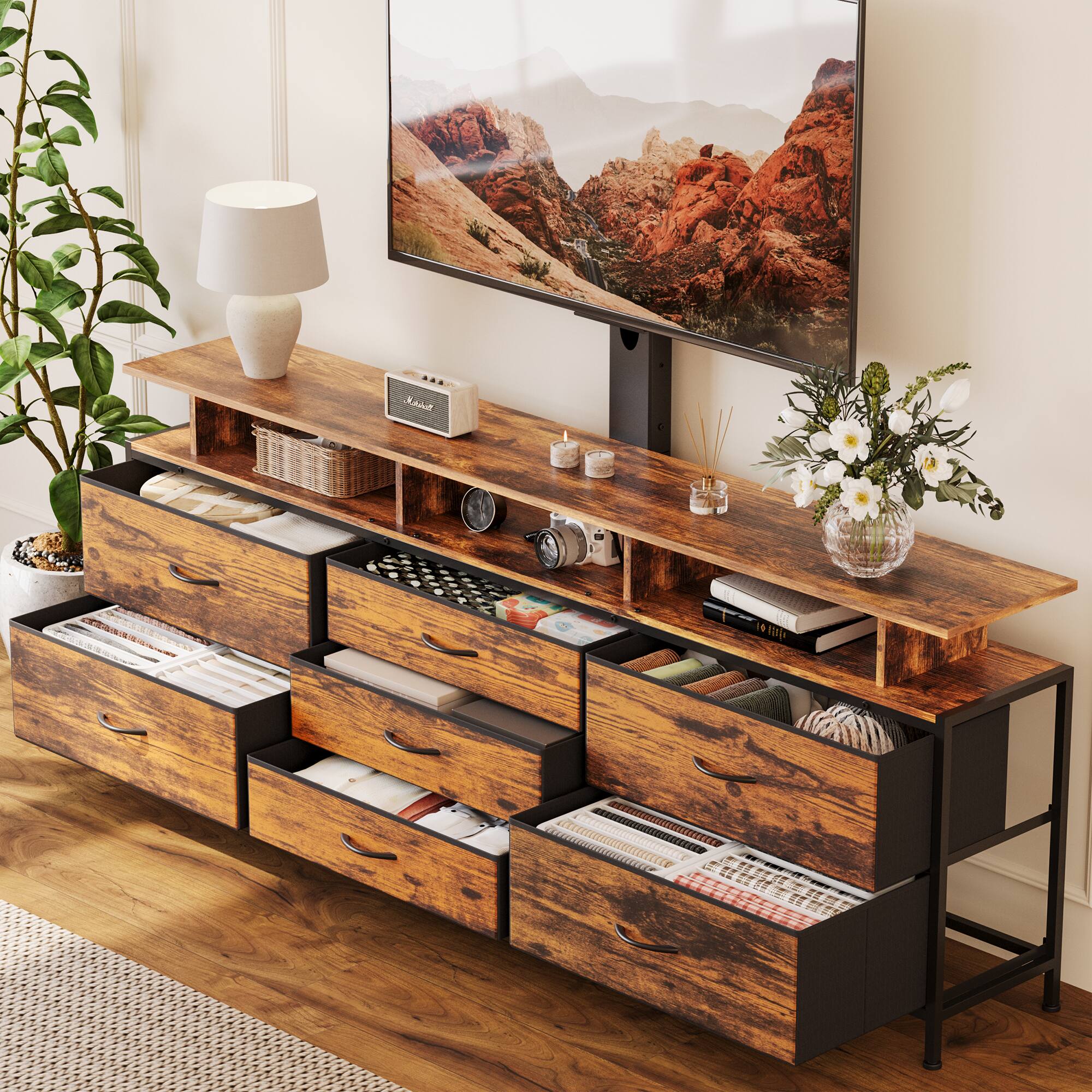 Angle. HAUSOURCE - 63" Entertainment Center Media Console Table with 7 Drawers Height Adjustable Mount Dresser TV Stand, Brown - Brown.