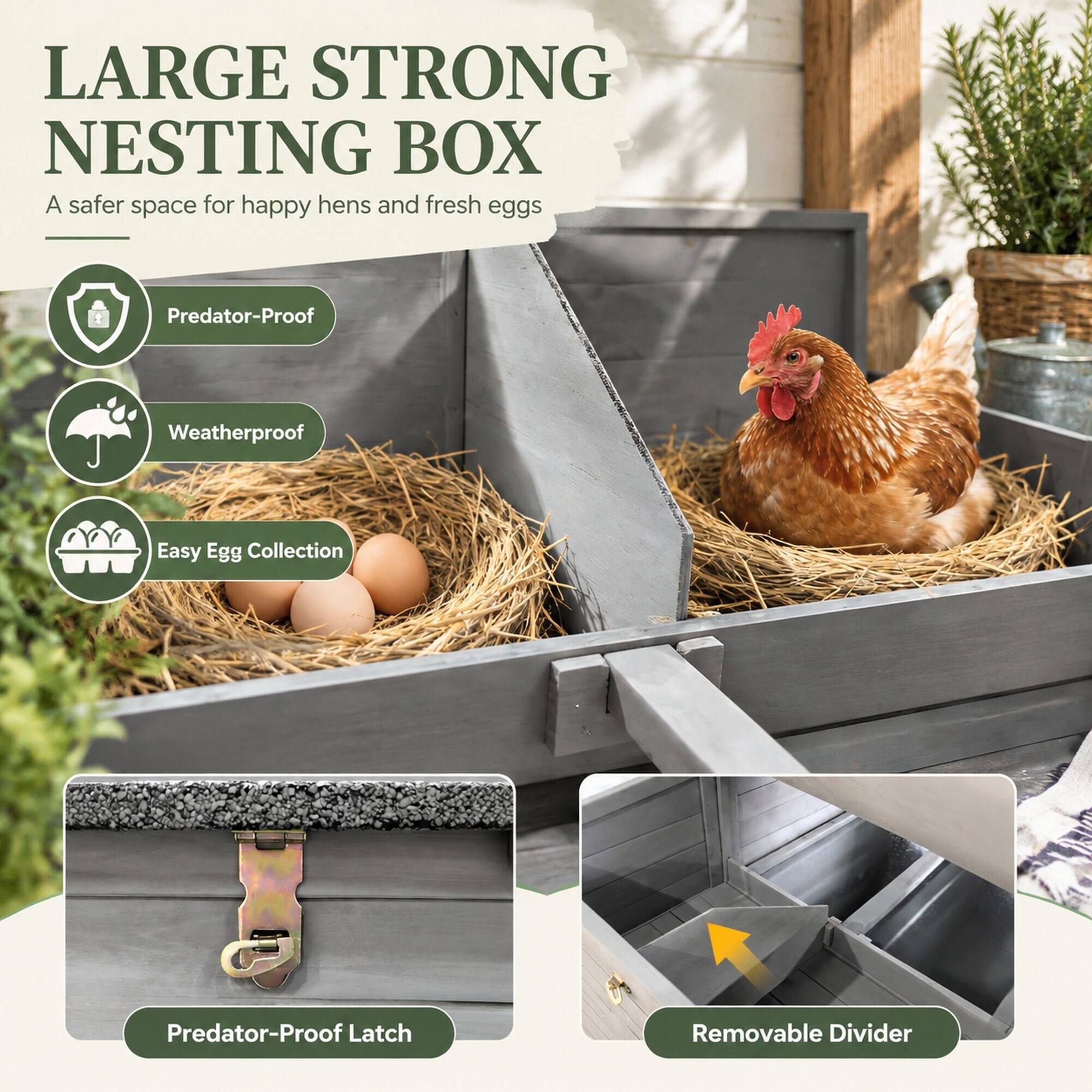 LARGE STRONG NESTING BOX  
A safer space for happy hens and fresh eggs

- Predator-Proof
- Weatherproof
- Easy Egg Collection
- Predator-Proof Latch
- Removable Divider