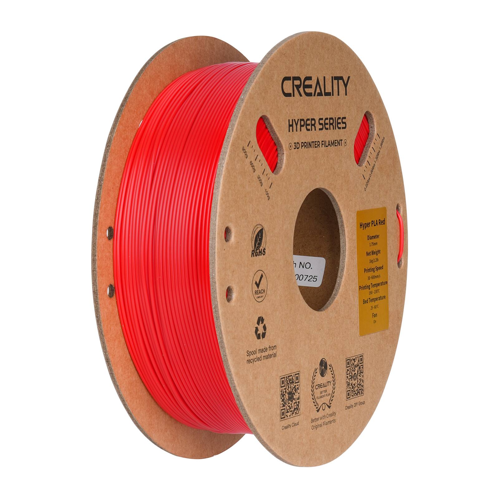The text on the image reads "Creality - 100% 1 No. 00725 PLA Red Hyper Series - RGHS Reach  1 No. 00725 PLA Red Hyper Dianater 5m Ie Bgt 2 Printing Soevd a m Printing Temperatore   Bed Temperature  3 FM 3 made from Spool material recycled Duality Doul Crealty 2 Sonae a Coiby Sde Ramerti Drina 2 2nd Seh."