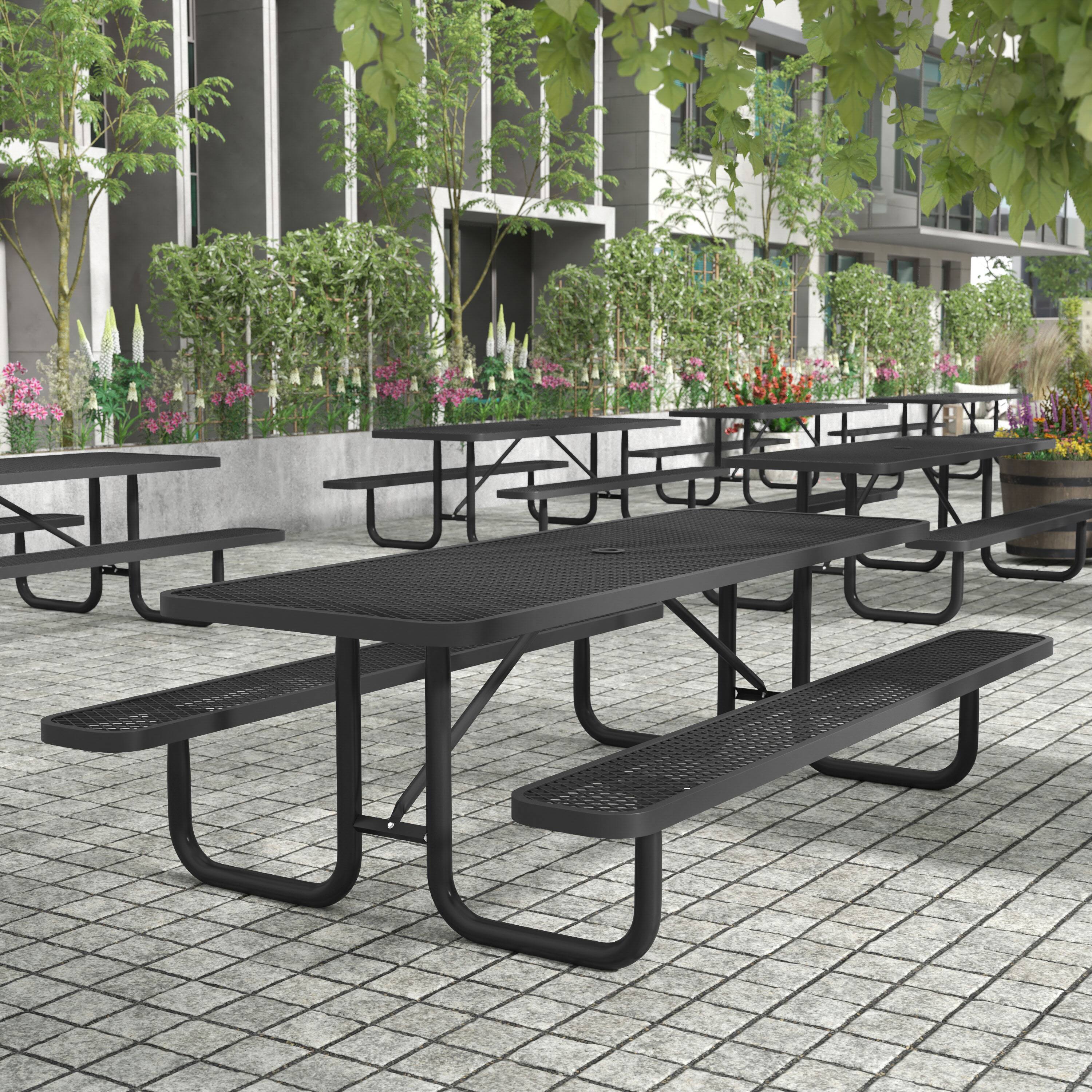 Alt View 2. Flash Furniture - Mantilla 8' Rectangular Outdoor Picnic Table with Commercial Heavy Gauge Expanded Metal Mesh Top and Seats and Steel Fra - Black.