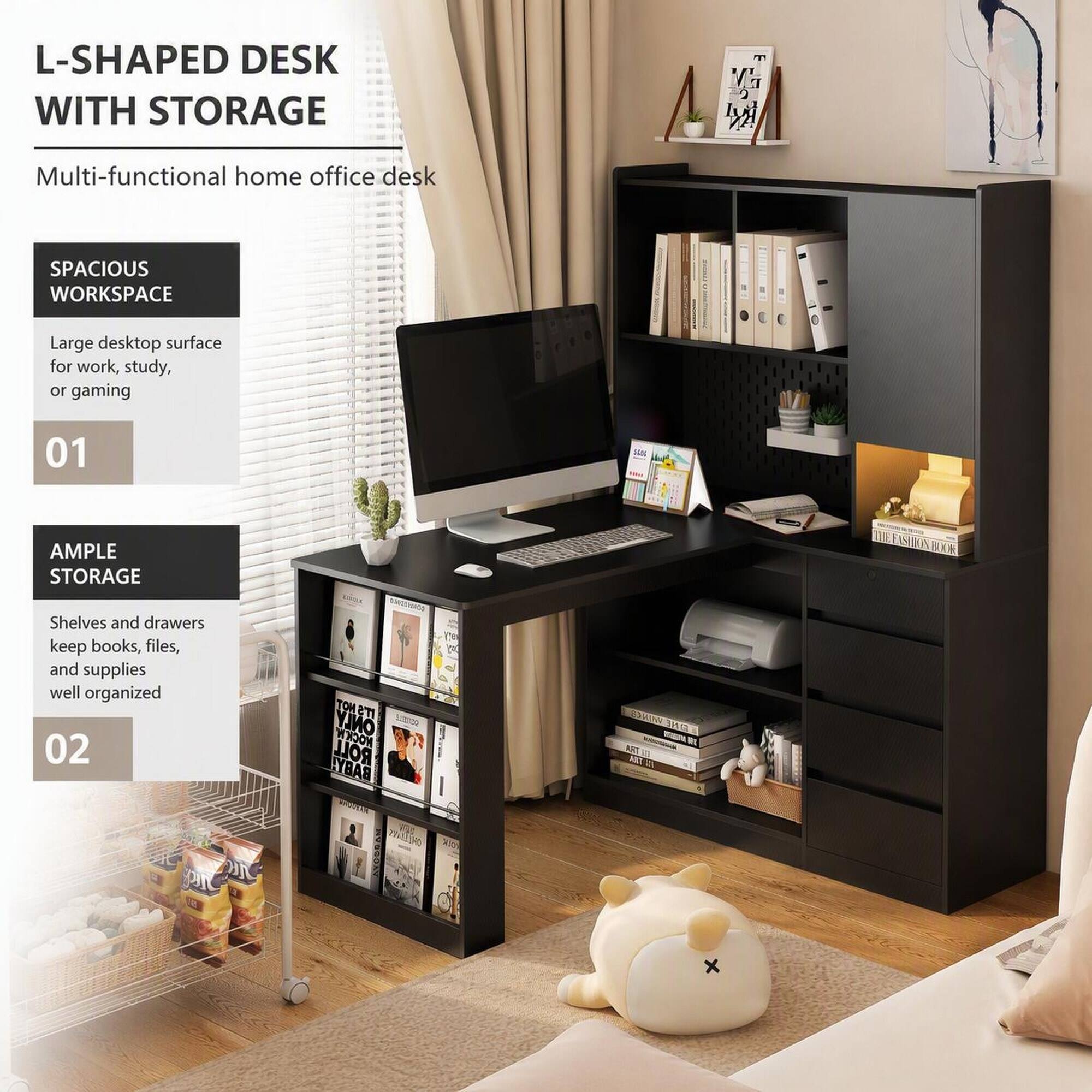 L-SHAPED DESK WITH STORAGE

Multi-functional home office desk

SPACIOUS WORKSPACE
Large desktop surface for work, study, or gaming

01

AMPLE STORAGE
Shelves and drawers keep books, files, and supplies well organized

02