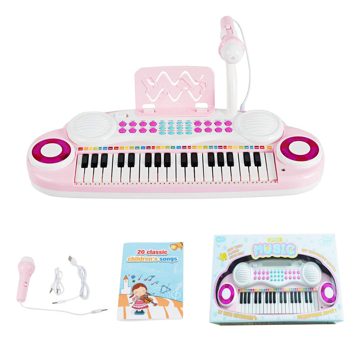 The image features a pink keyboard with a microphone attached to it, along with a book of 20 classic children's songs. The keyboard is designed for young children to play and learn music. The microphone allows the child to sing along with the songs, making it a fun and interactive learning experience. The book of songs provides a variety of tunes for the child to practice and enjoy, making it a great gift for any young music enthusiast.