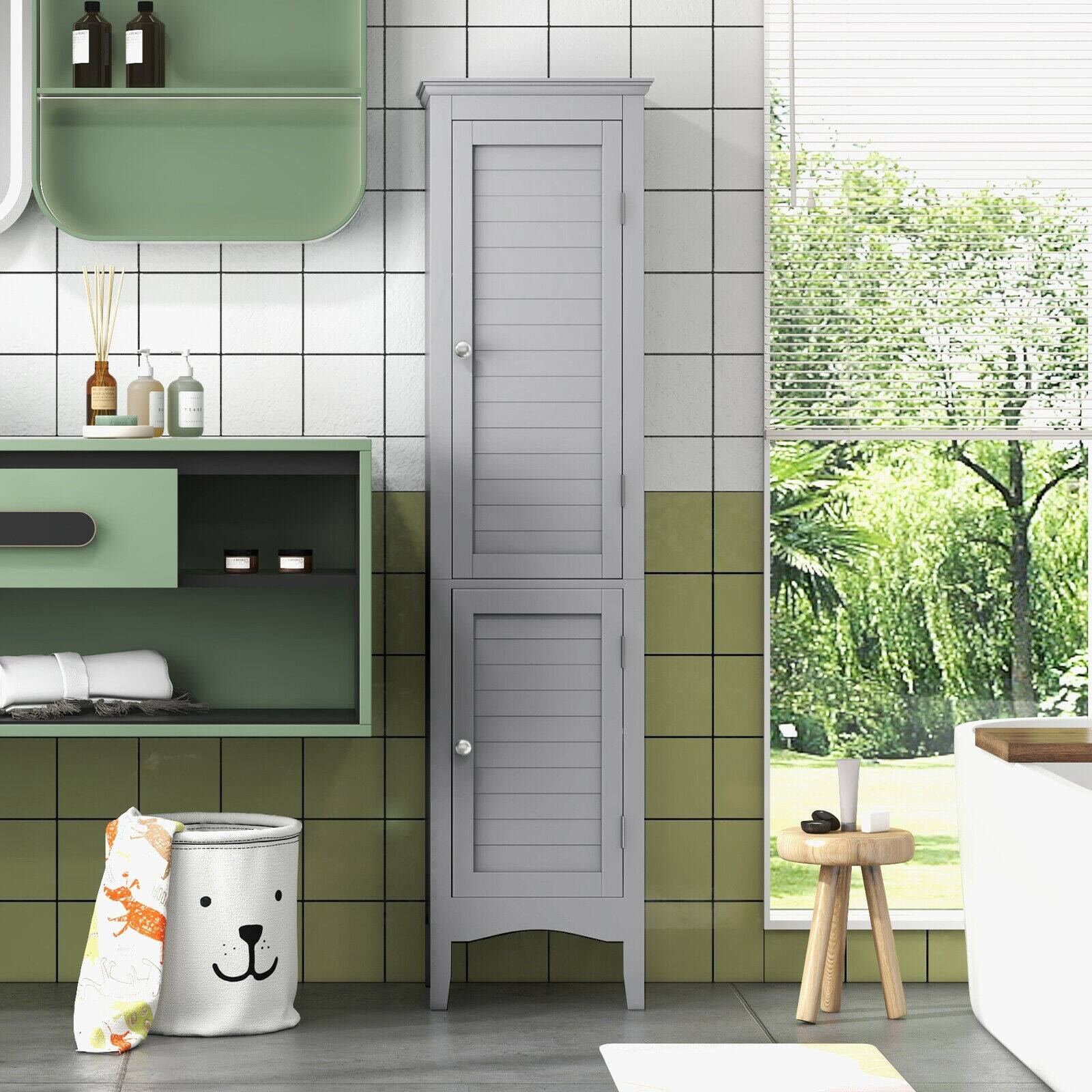 Alt View 7. Ecooso - Tall Bathroom Floor Cabinet with Shutter Doors and Adjustable Shelf, Freestanding Storage - Grey.