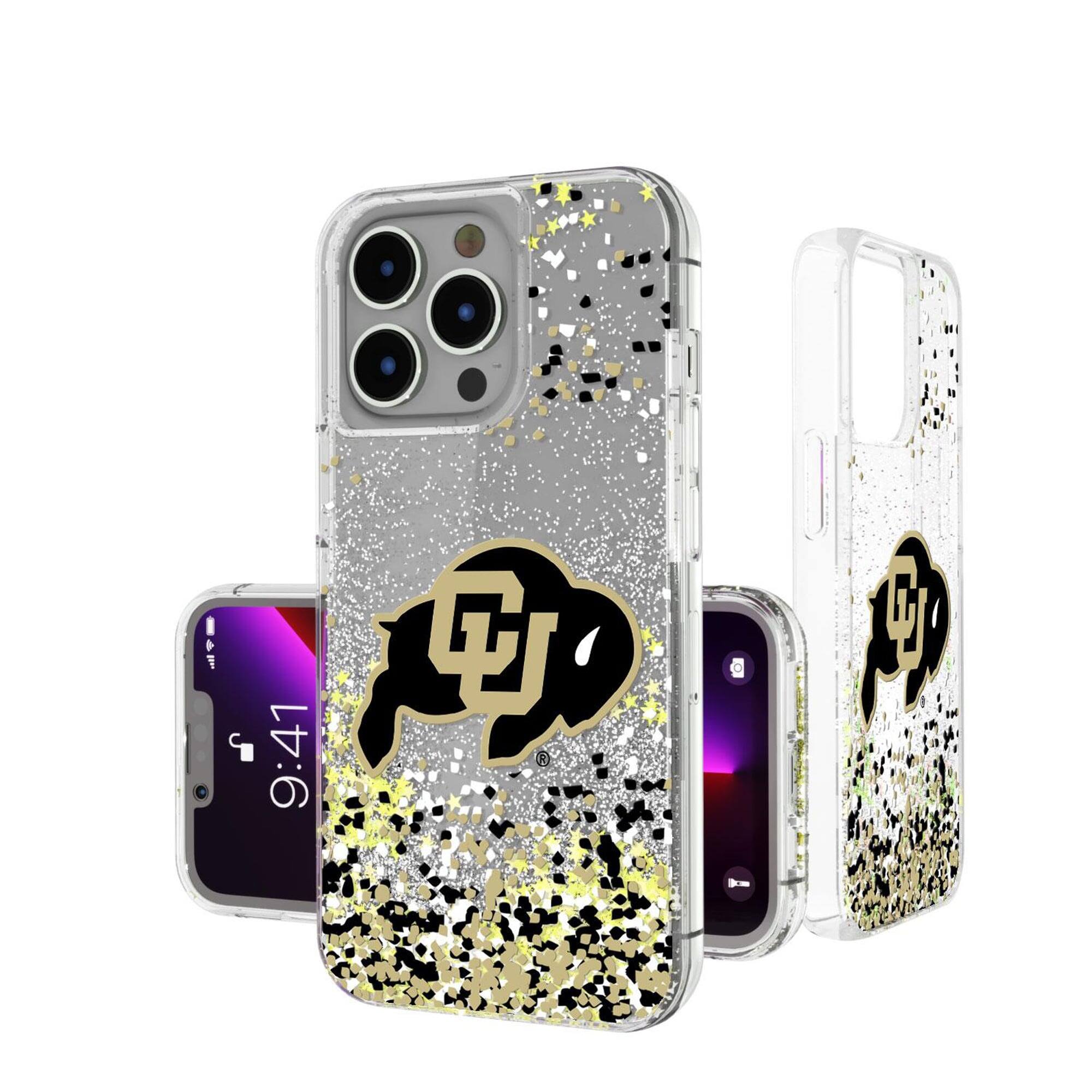 Front. Keyscaper - Colorado Buffaloes iPhone Glitter Case with Confetti Design - 16 Pro - Multicolor.