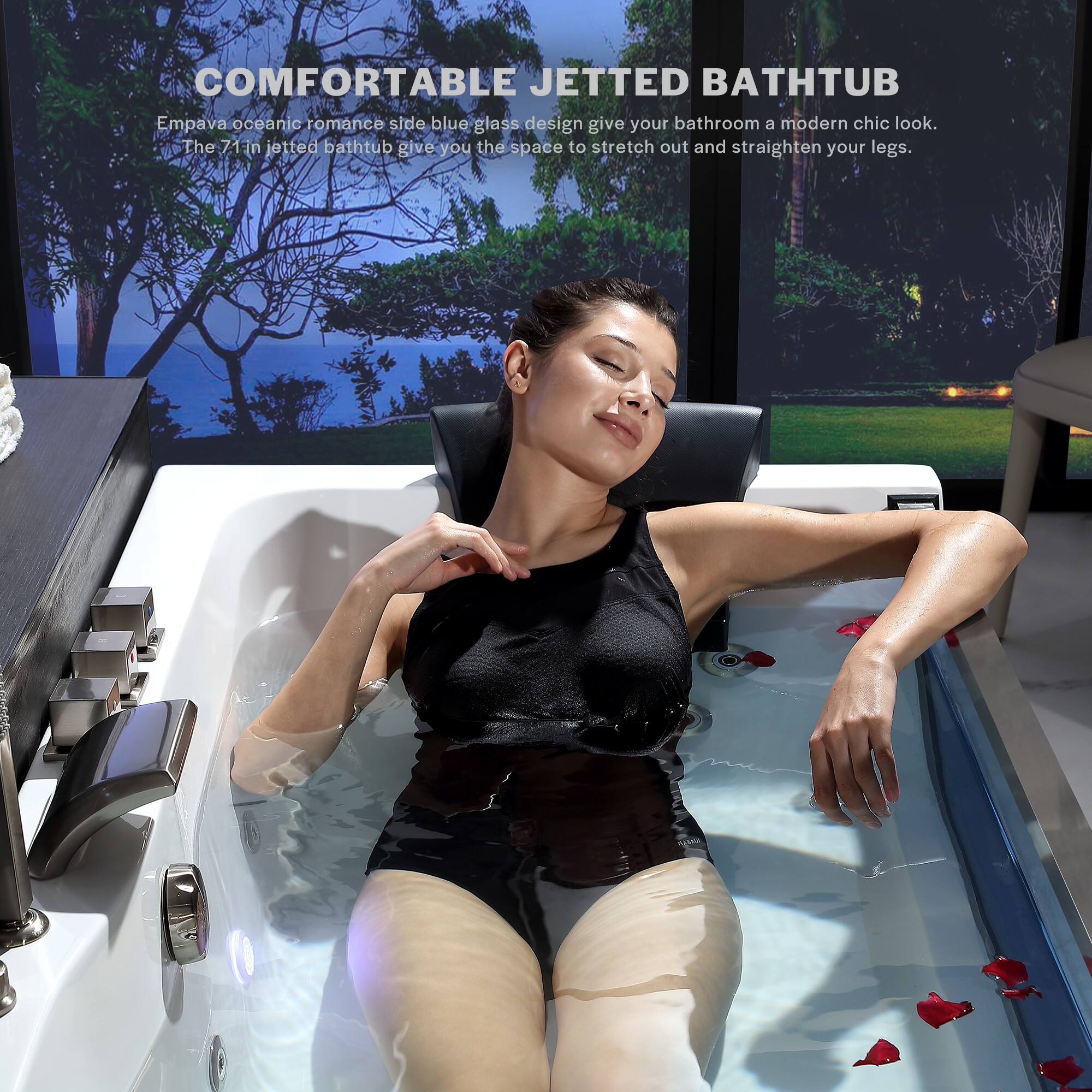 COMFORTABLE JETTED BATHTUB

Empava oceanic romance side blue glass design give your bathroom a modern chic look. The 71 in jetted bathtub give you the space to stretch out and straighten your legs.