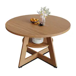 Bestier - Modern Dining Table with Built-in Storage, Stable Triangular Base, Metal-Accented Legs - Brown Oak