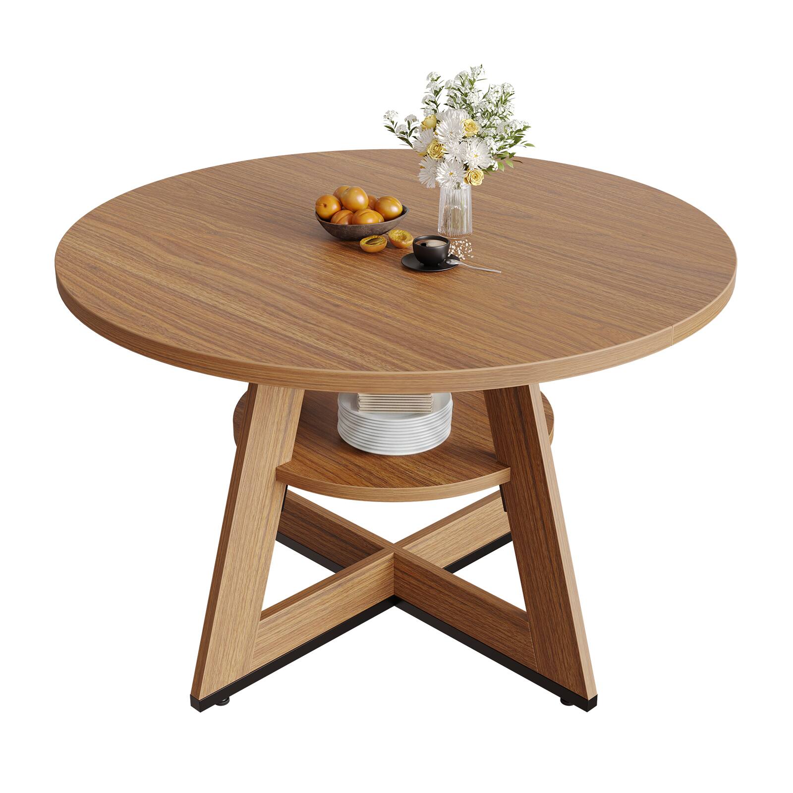 Bestier - Modern Dining Table with Built-in Storage, Stable Triangular Base, Metal-Accented Legs - Brown Oak