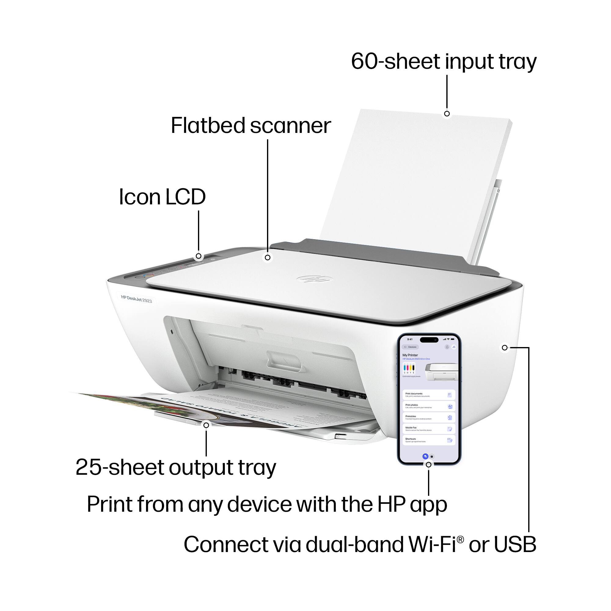 60-sheet input tray  
Flatbed scanner  
Icon LCD  
ESUS.MLAN091  
HyPrimber POLICE  
LETT  
Print from any device with the HP app  
Connect via dual-band Wi-Fi® or USB